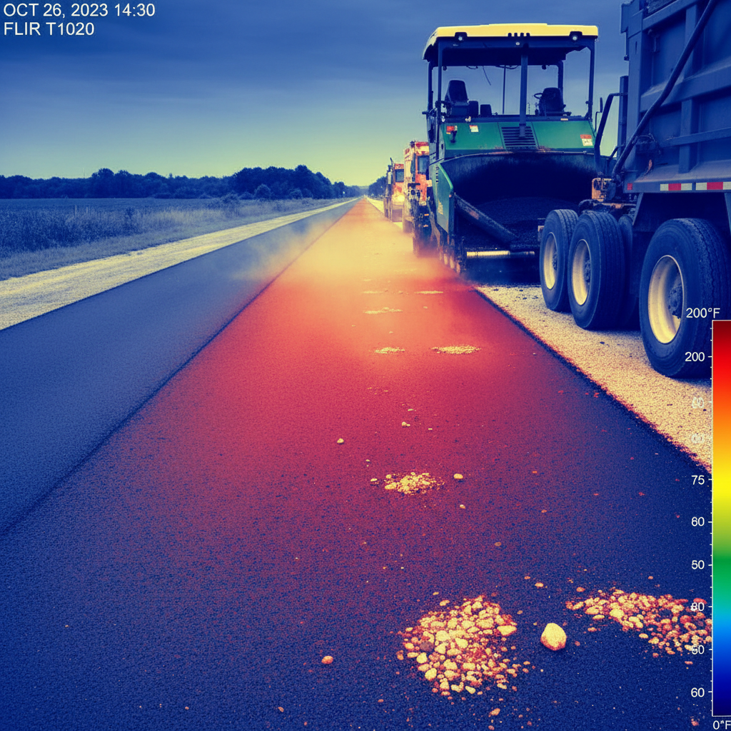 Thermal camera scan showing temperature gradient across freshly laid asphalt surface