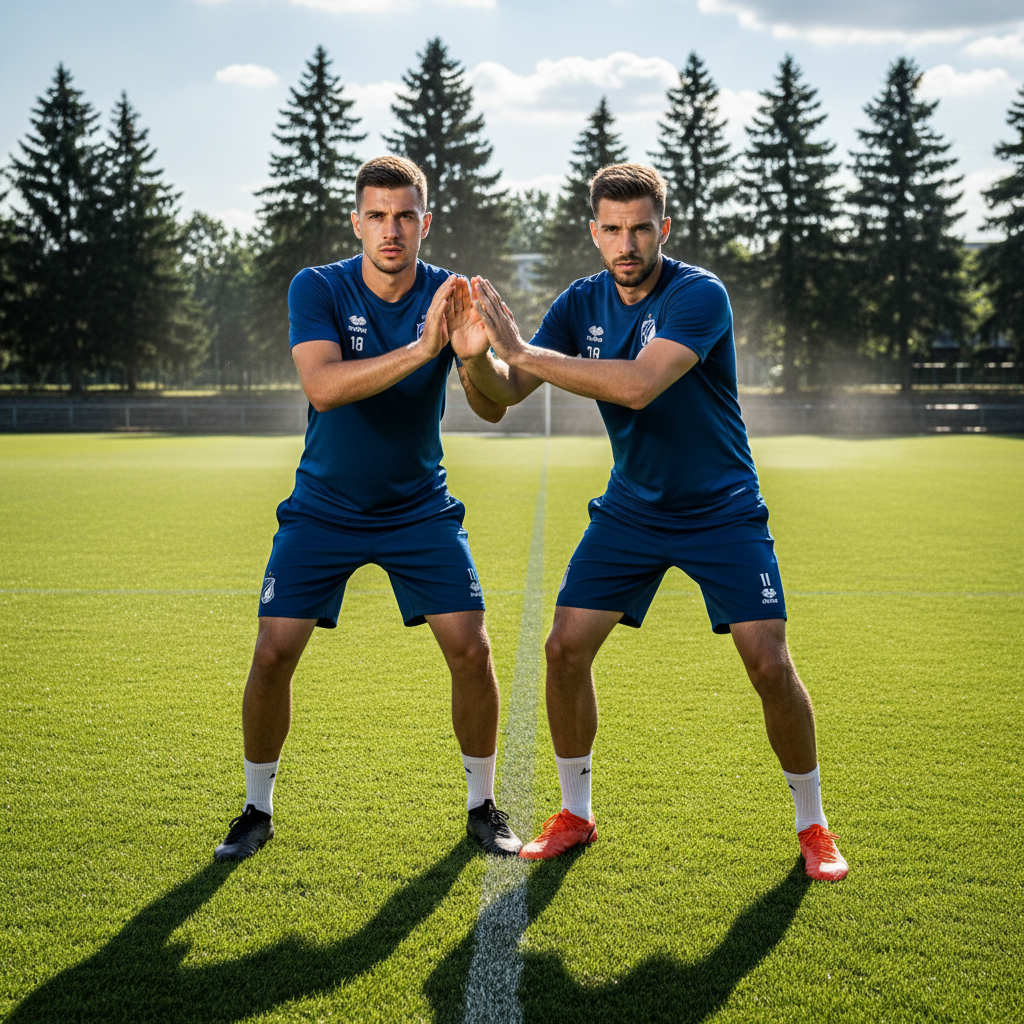 Two players practising defensive wall positioning, intense focus