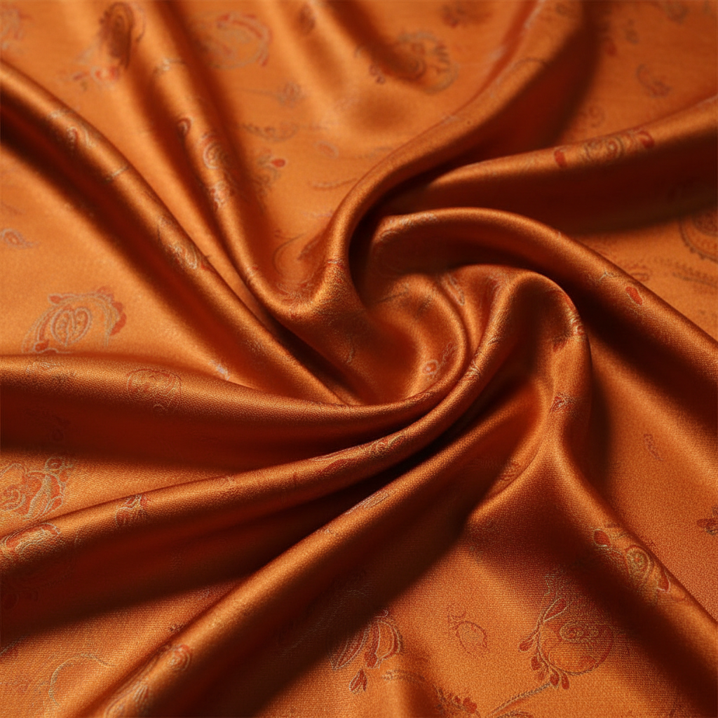 Lustrous silk fabric with rich deep jewel tones and smooth reflective surface