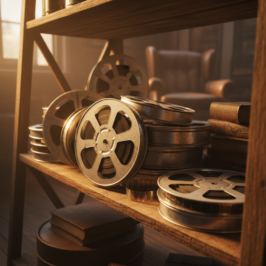 Film reels stacked on a shelf in warm amber light