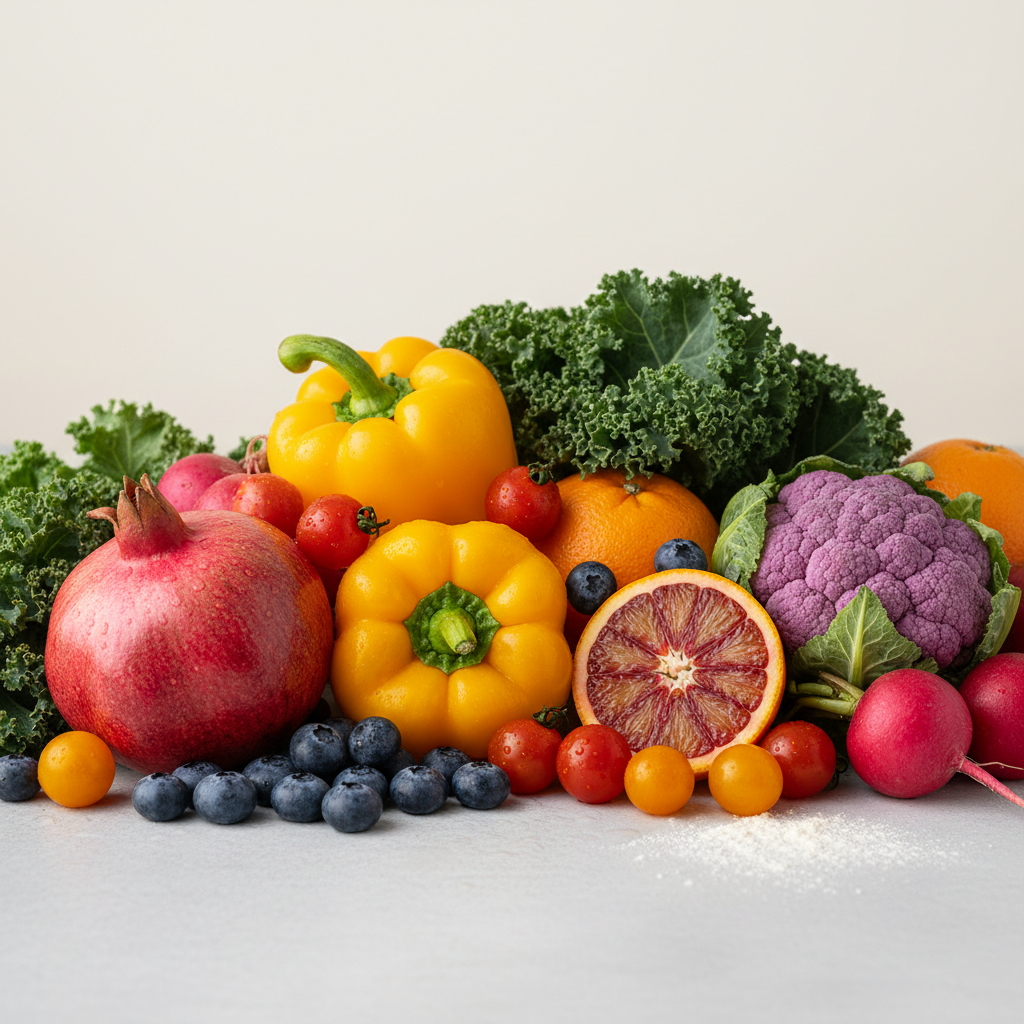 Colourful fresh vegetables and fruits in a bright well-lit open market — tomatoes, spinach, mangoes, airy white background