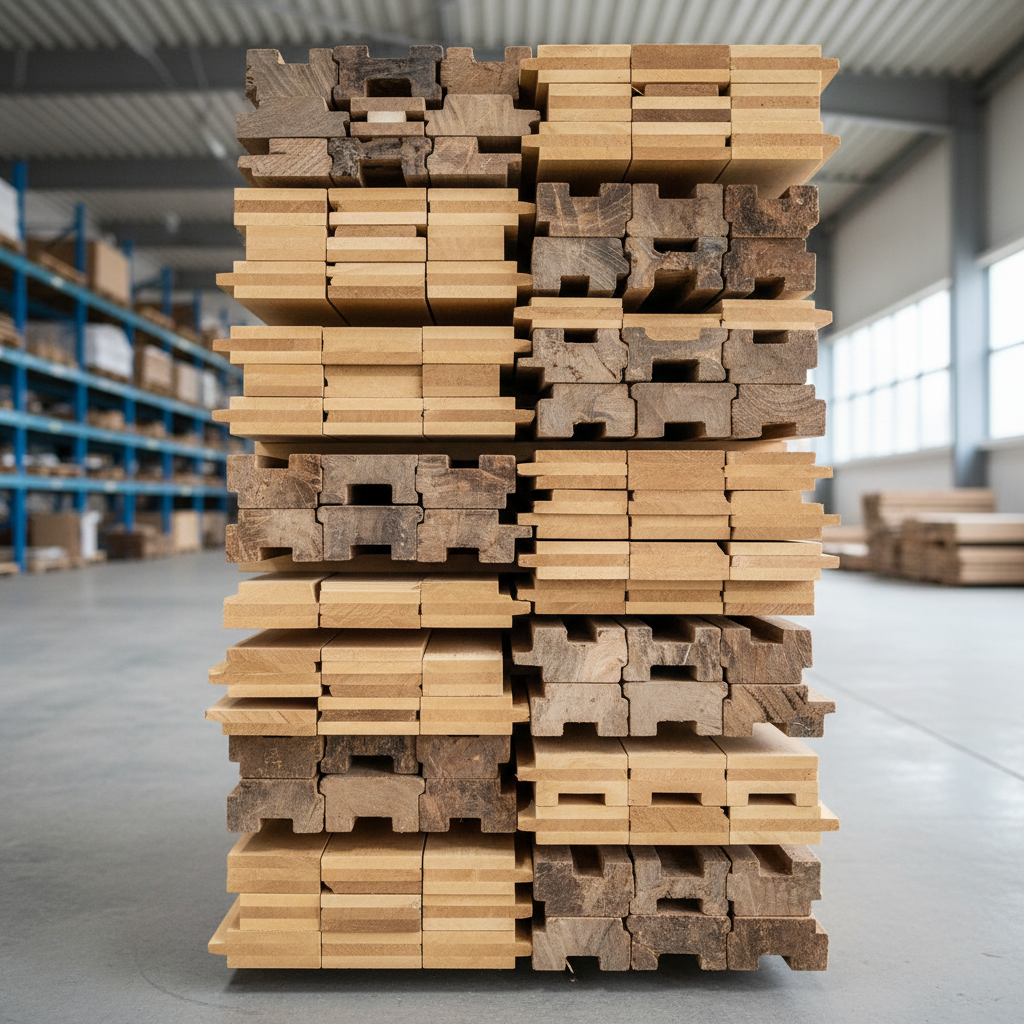 Stack of reclaimed wood planks with rich grain texture in a dark warehouse with single overhead light beam