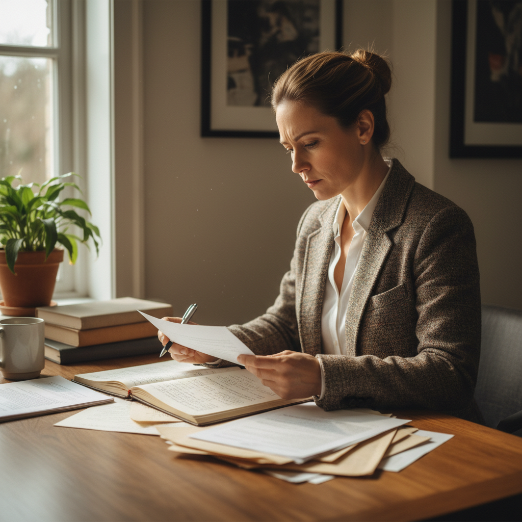 Mid-career educator reviewing documents at a desk in a school office