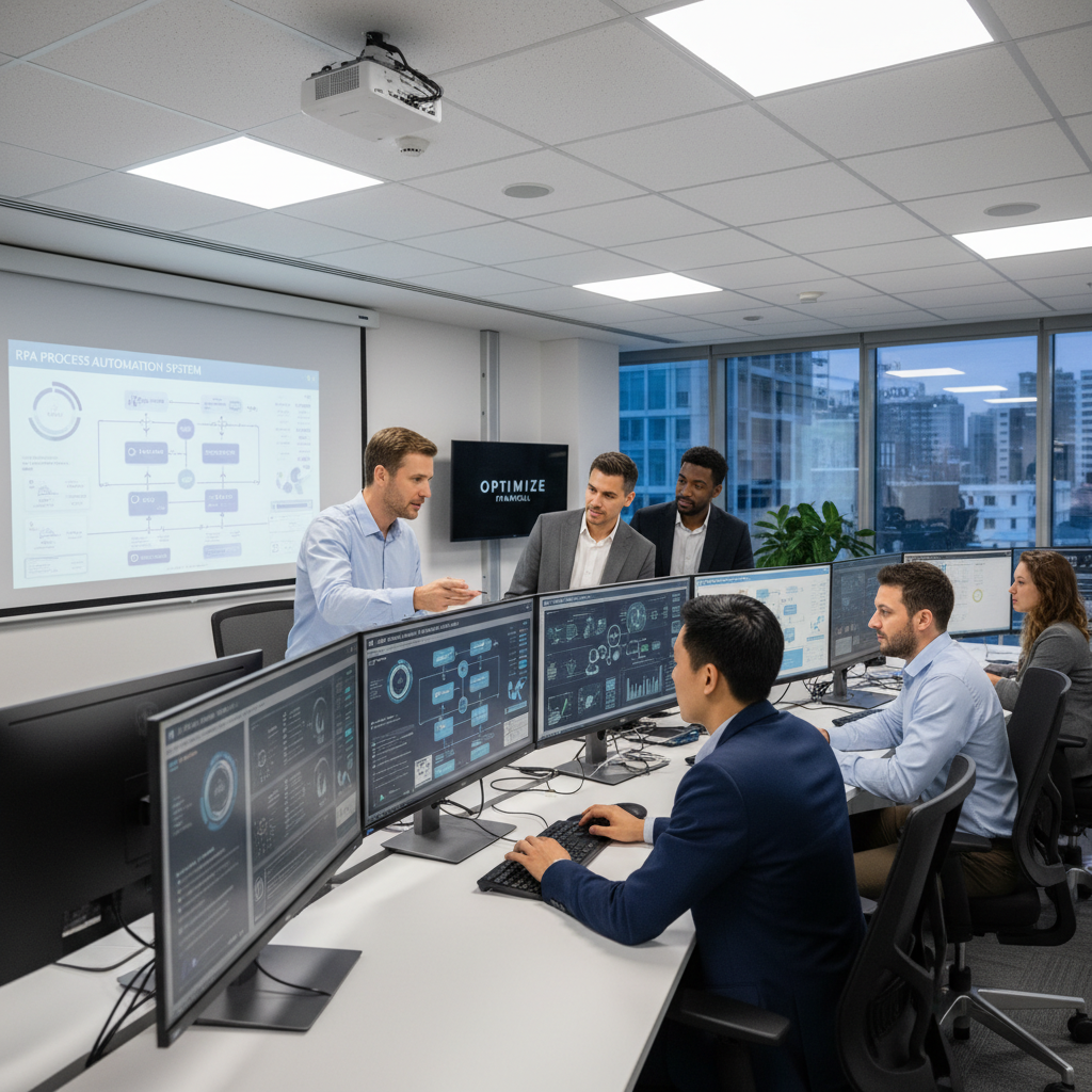 Professional IT team collaborating in modern office with multiple monitors displaying network infrastructure and security dashboards