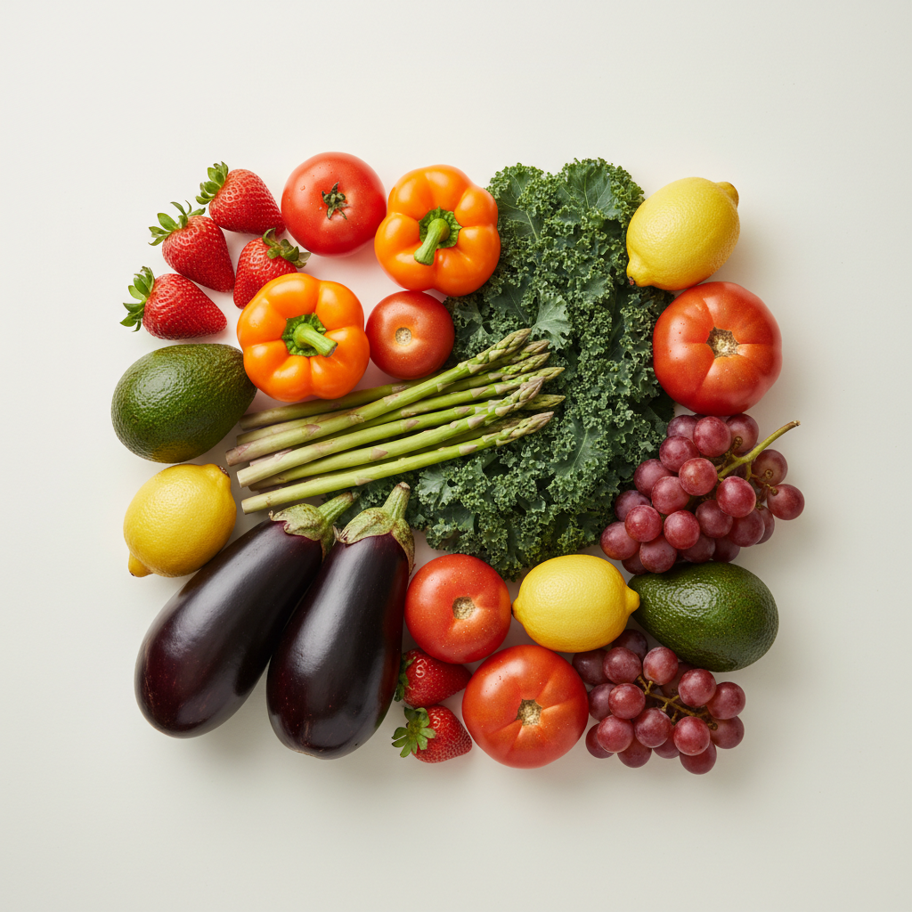 Bright assorted fresh vegetables including peppers and tomatoes on white background