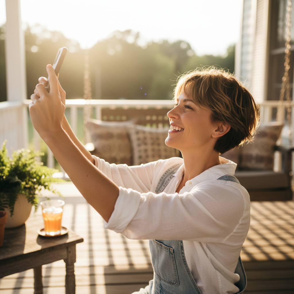 Pixie cut on a sunlit porch, client holding phone at arm's length