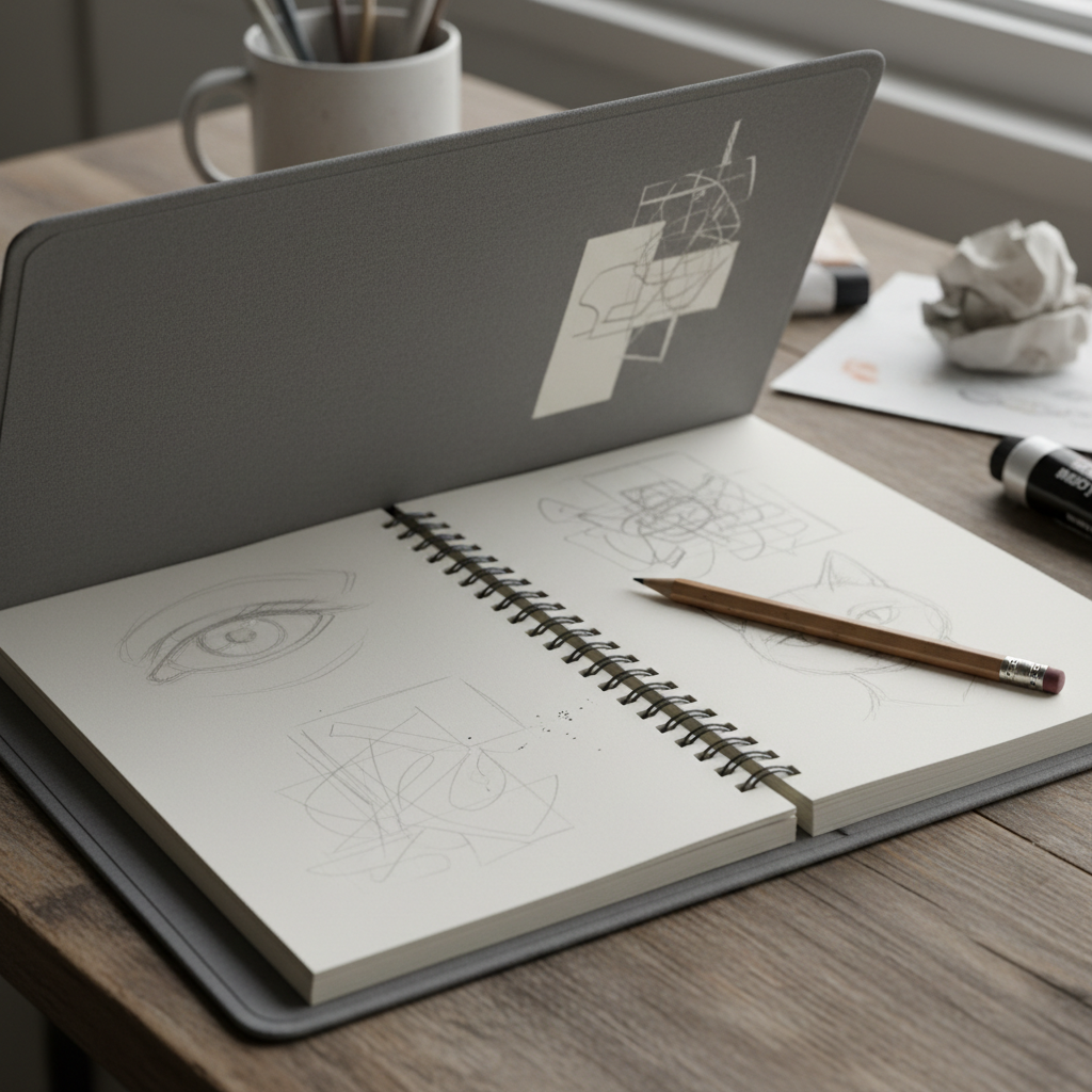 Half-finished gray sketchbook with sparse pencil marks on white pages