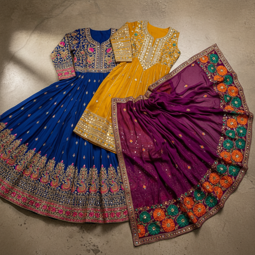 Traditional Indian ethnic wear, rich embroidery, vibrant colors, cultural fashion editorial