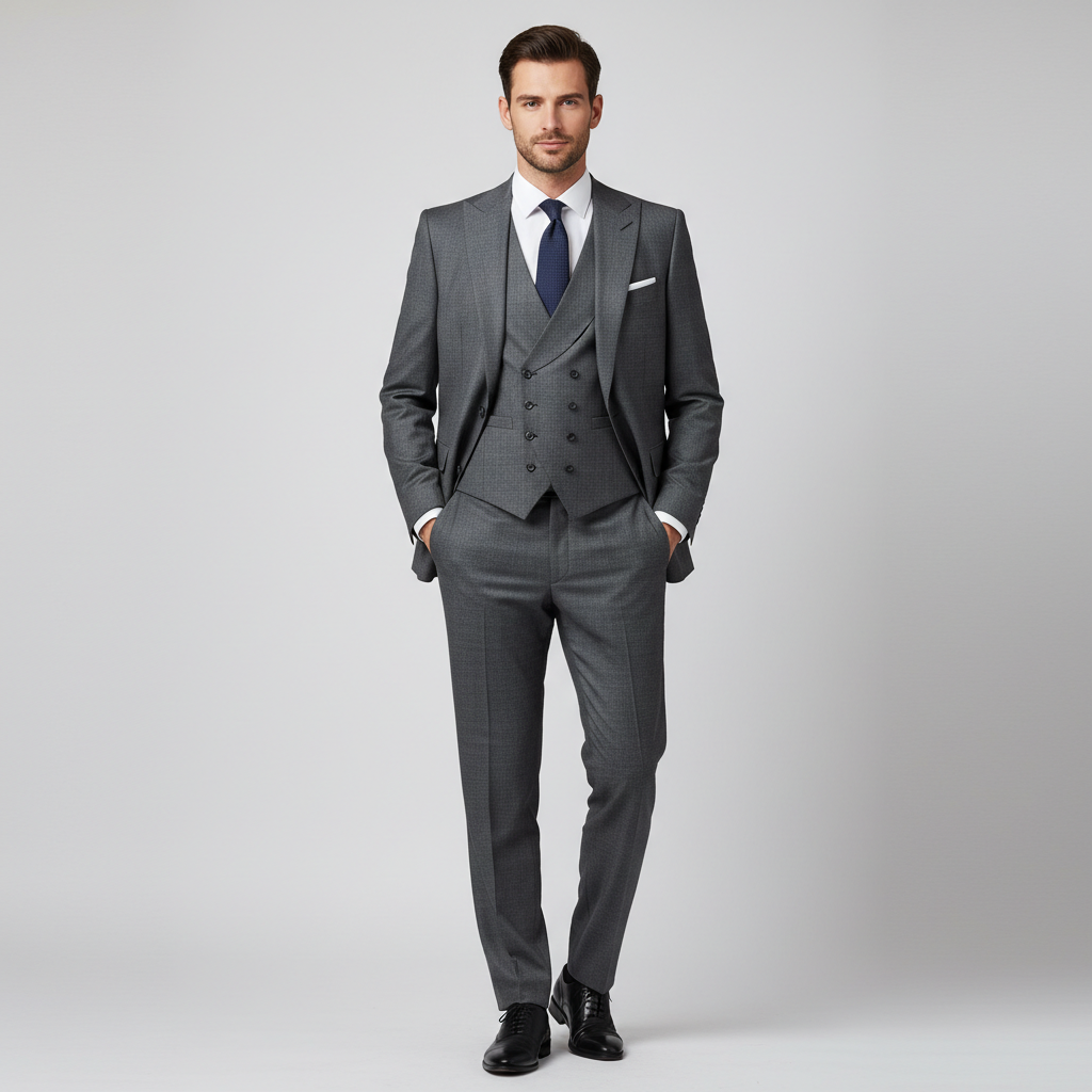 Well-dressed man in white shirt, bright studio, clean white background, sharp fashion editorial