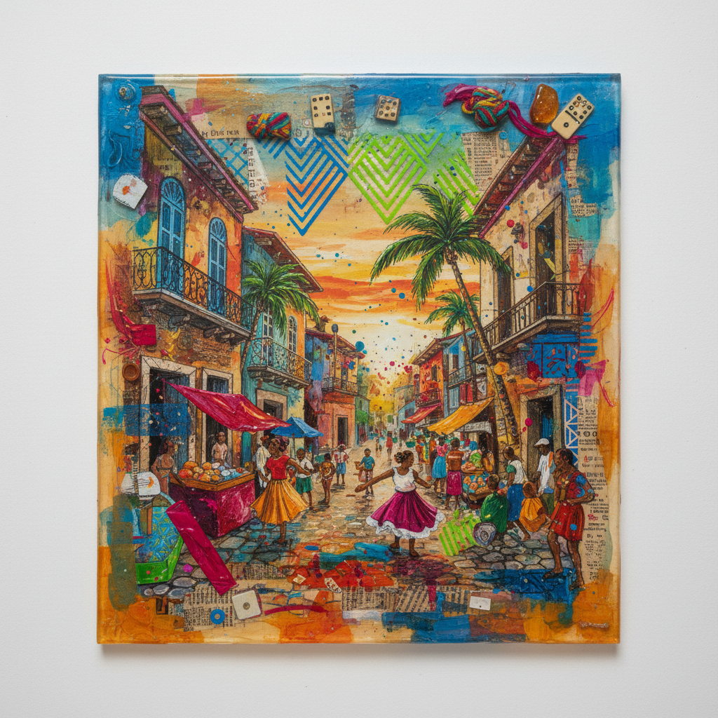 Mixed media artwork with layers of color representing Dominican street scenes and architecture