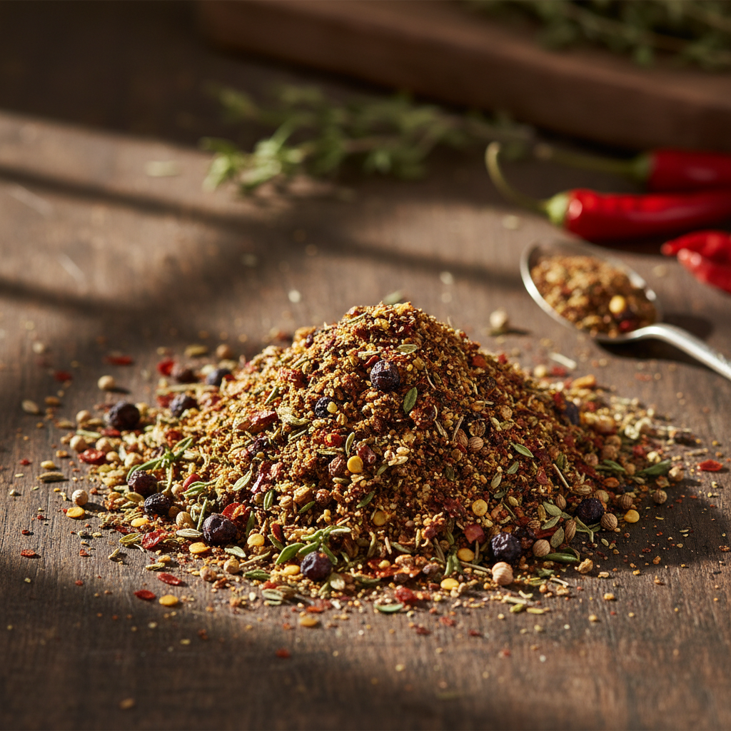Richly spiced lamb mandi close up with whole spices and herbs, dark dramatic food photography