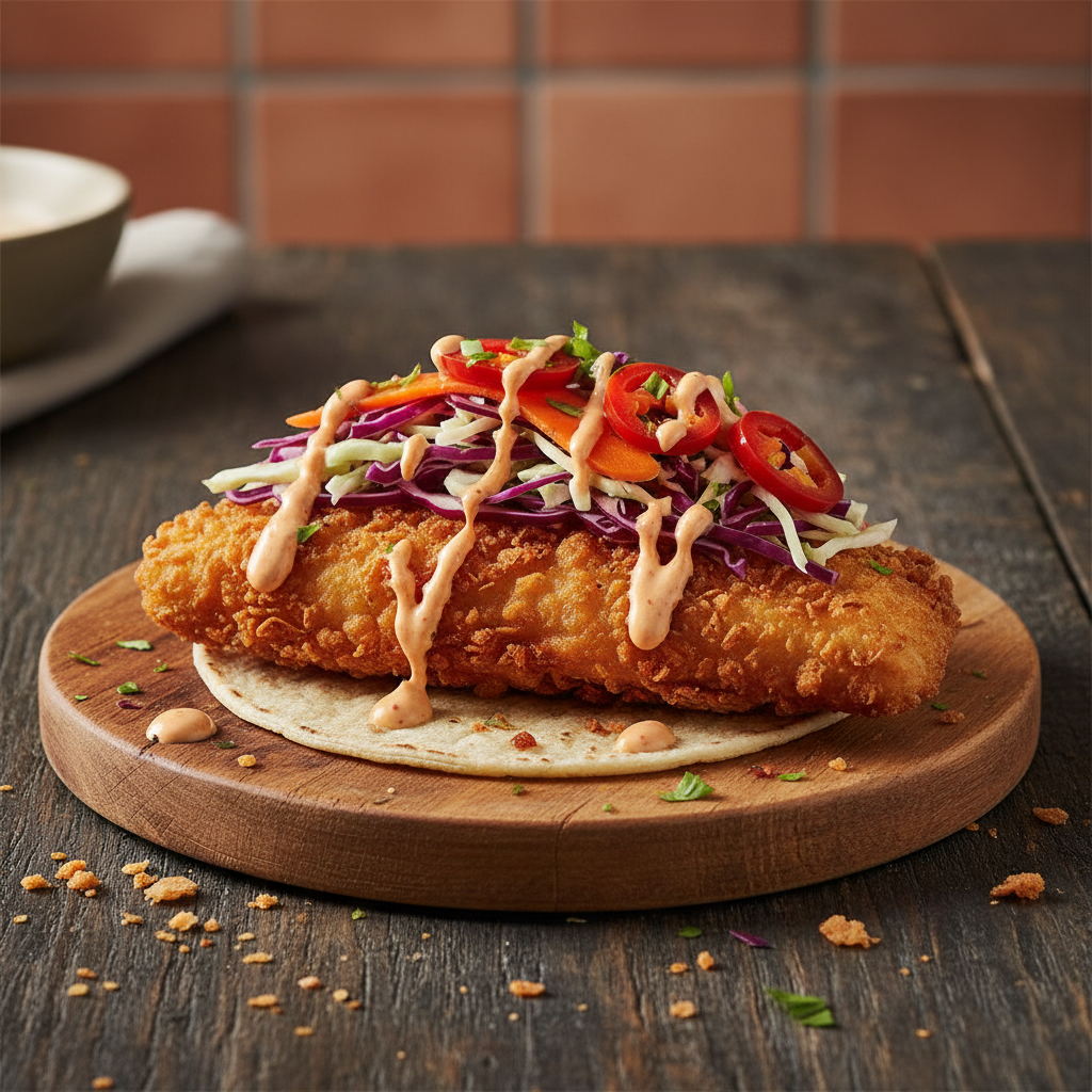 Beer-battered fish taco with shredded cabbage chipotle crema and pickled jalapeño slices