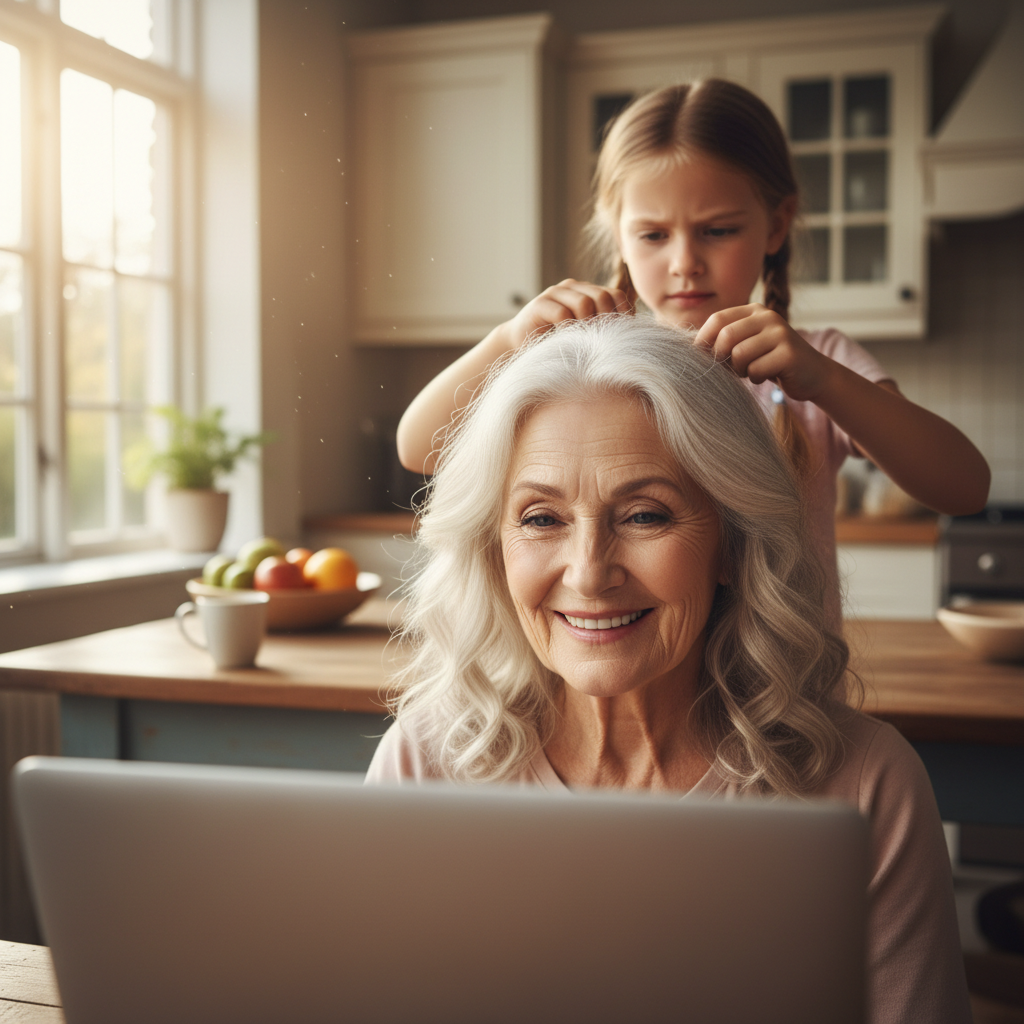 An older woman in her late sixties smiling warmly during a video call, her young granddaughter braiding her silver hair in a sunlit kitchen
