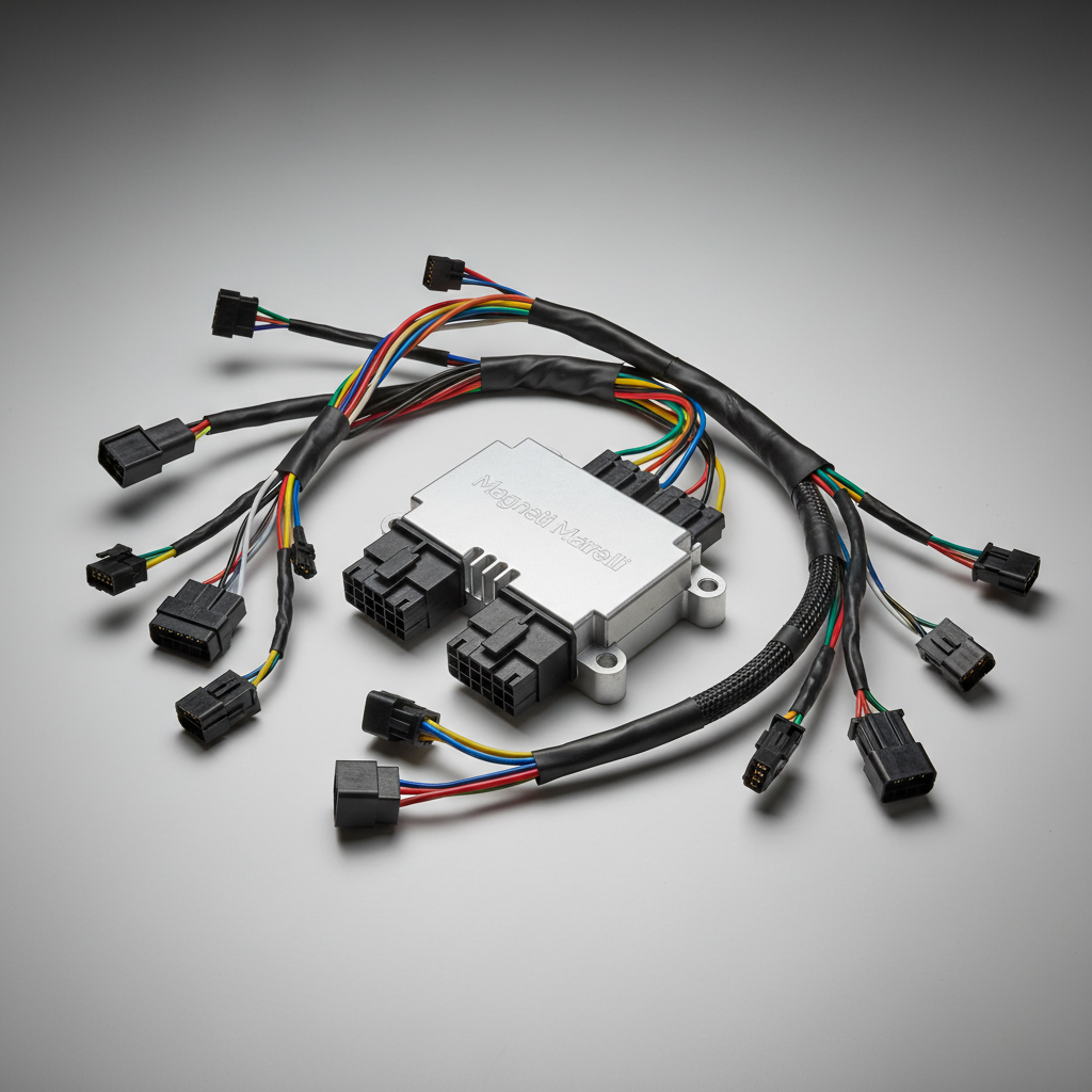 Motorcycle ECU and wiring harness detail, Magneti Marelli electronics package on race motorcycle