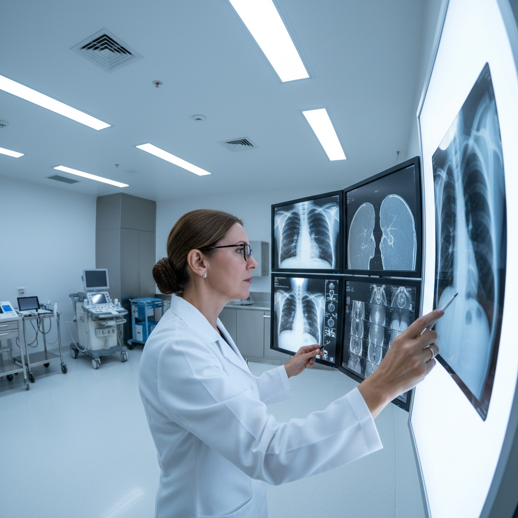 Medical professional reviewing lung X-ray scans in a clinic