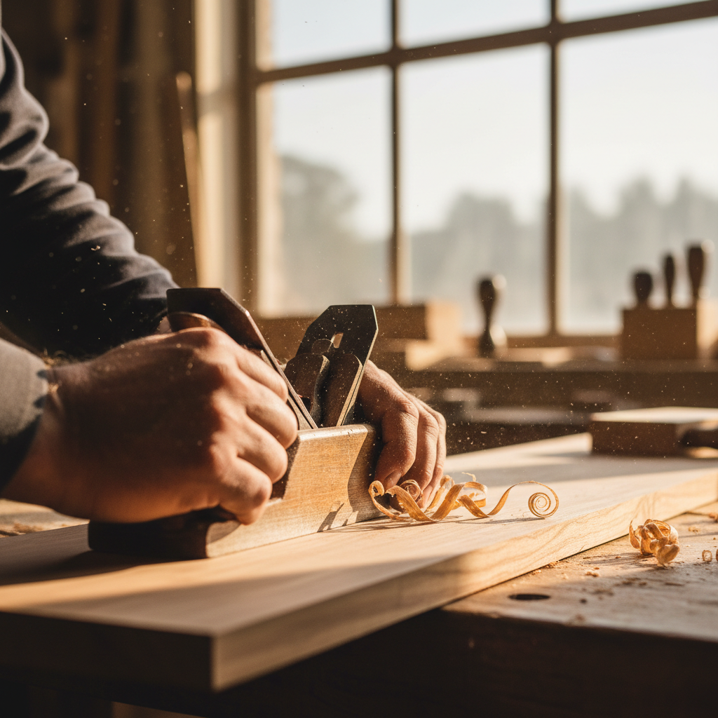 Hands of a carpenter smoothing wood with a hand plane in a workshop
