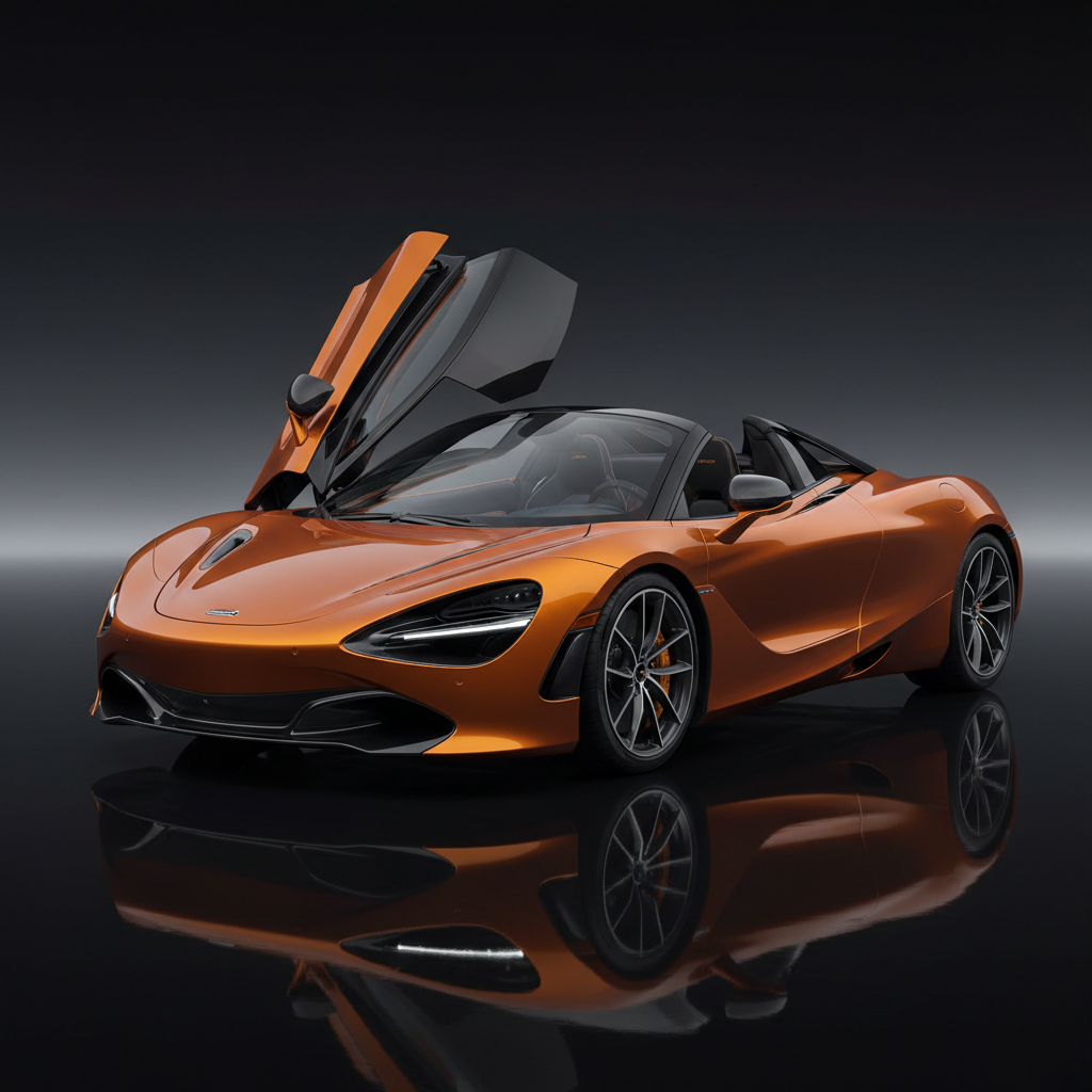 McLaren 750S Spider in bright orange Papaya Spark paint, dramatic studio lighting, carbon fiber details visible, dark background