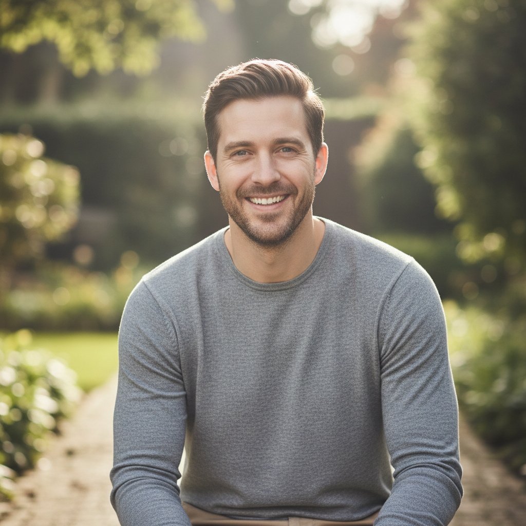 Male caregiver in casual attire smiling confidently