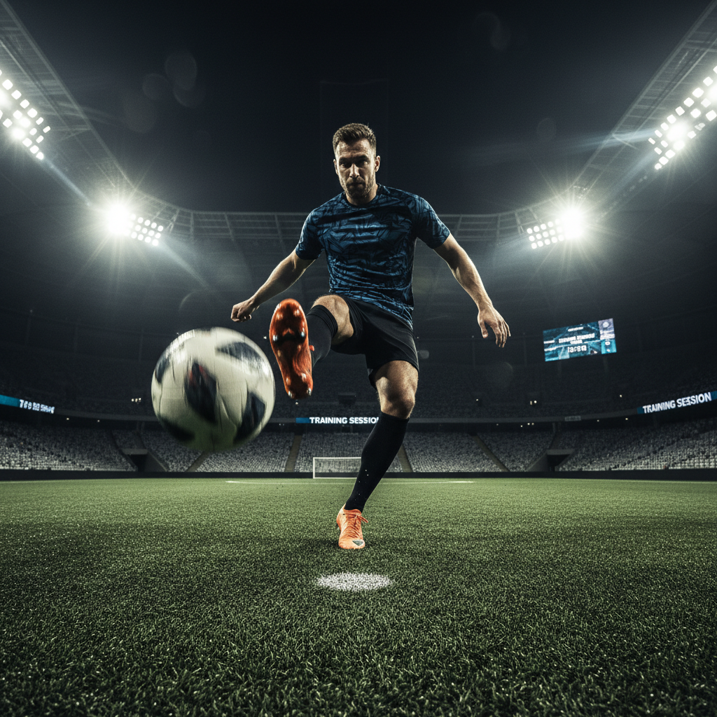 Football player kicking ball on grass pitch — action shot, stadium lights, evening atmosphere