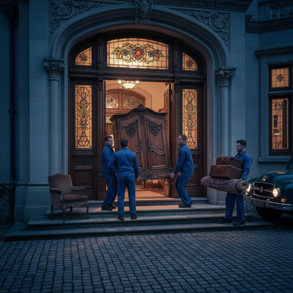 Moving crew carrying furniture through a lit Edwardian home entrance at blue hour in Toronto