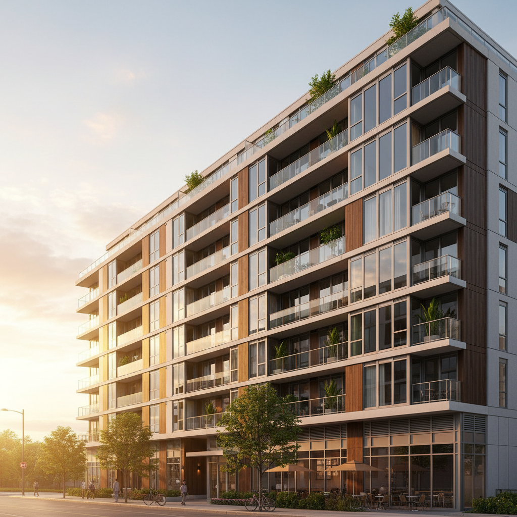 Modern mid-rise condominium with glass balconies catching afternoon sunlight
