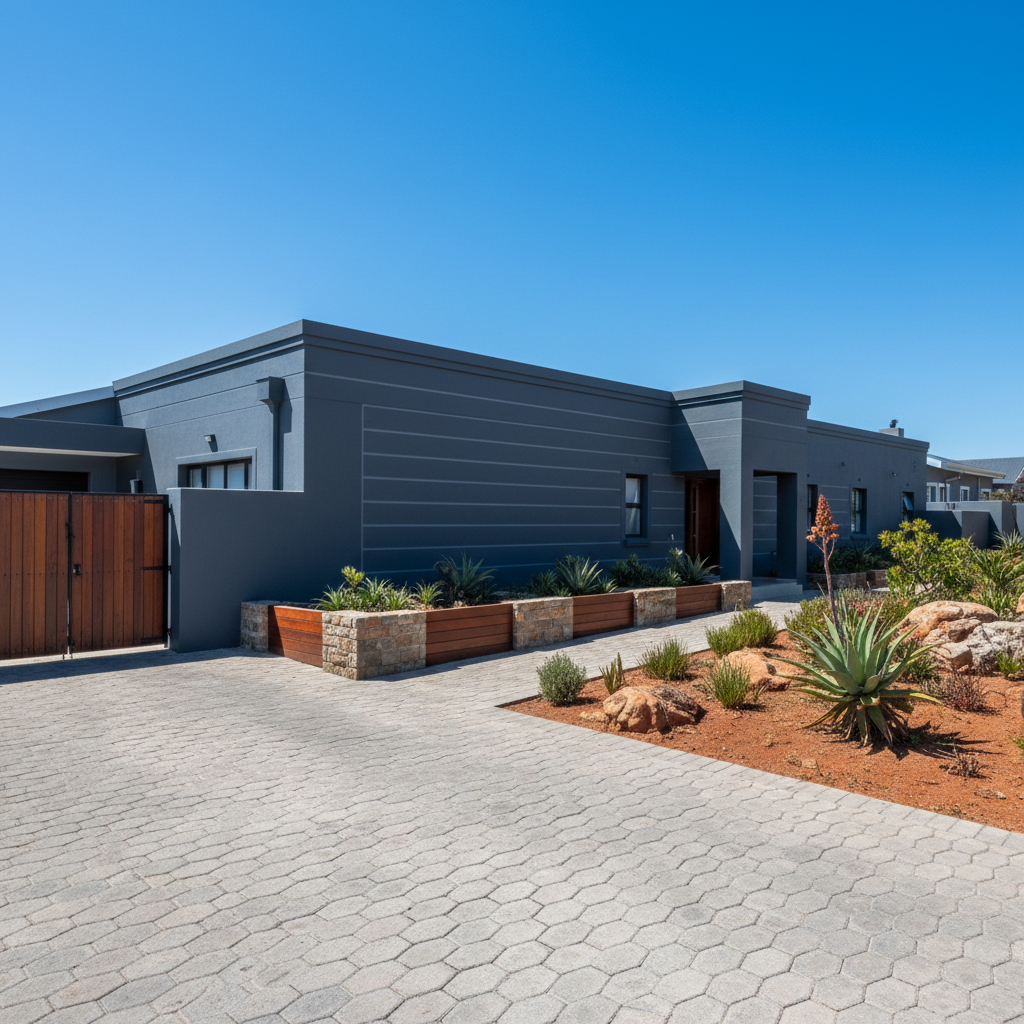 Exterior of a South African house painted deep charcoal grey, clean spray lines, bright midday sunlight