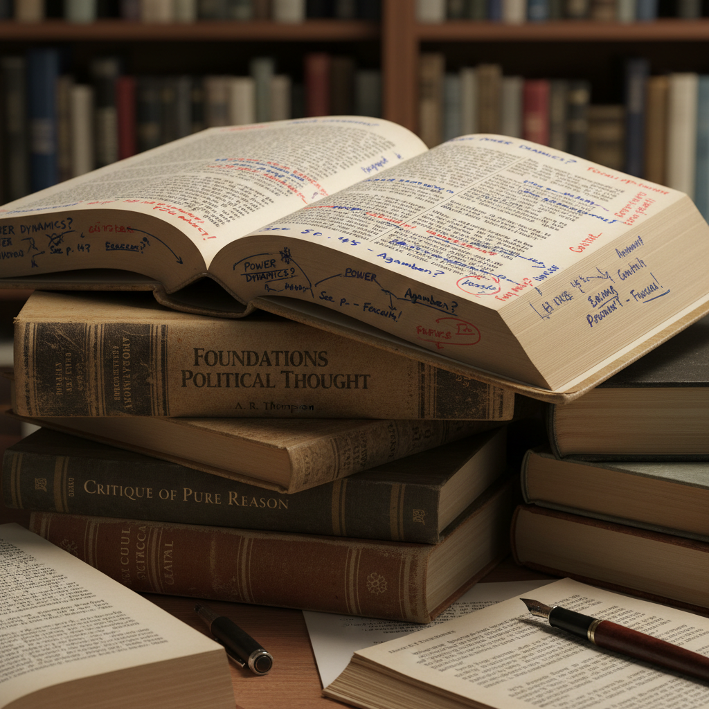 Dense academic texts and political theory books with handwritten annotations visible on pages