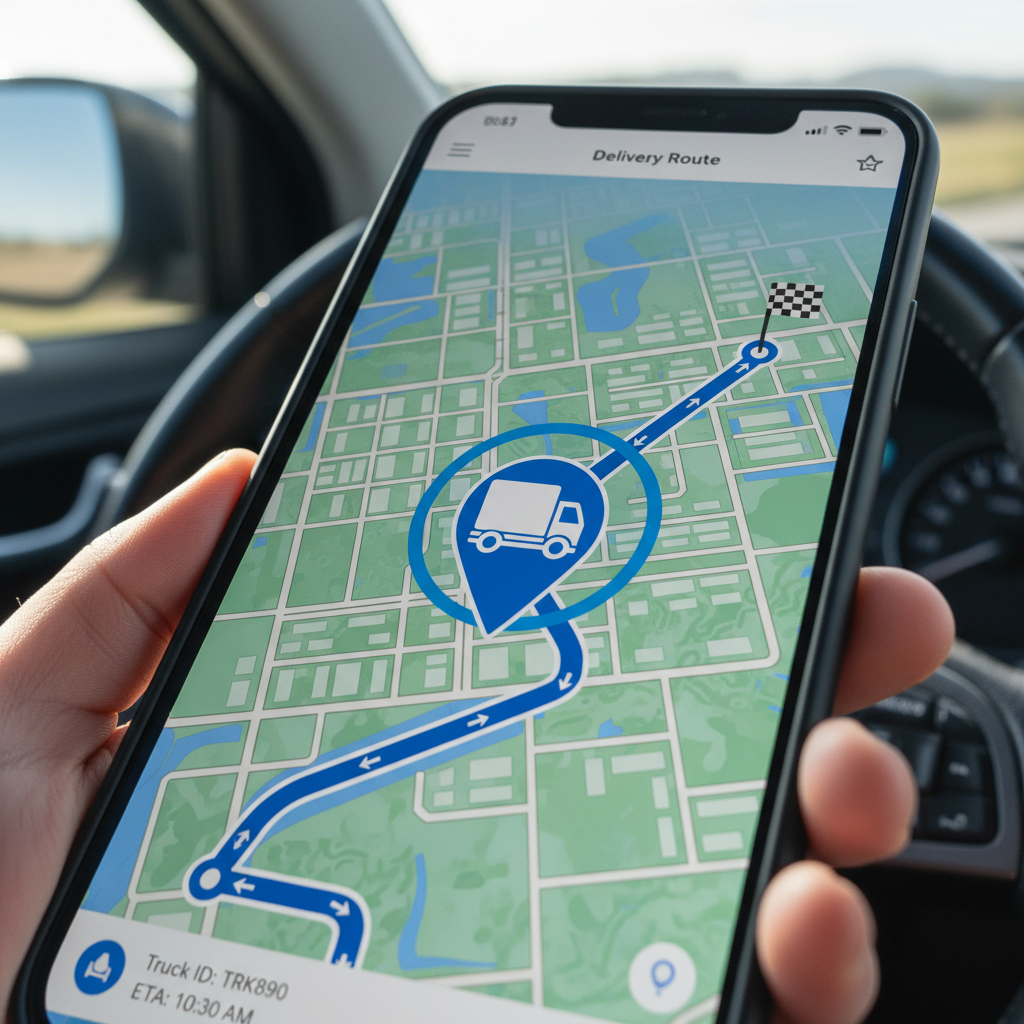 Phone screen showing GPS tracking map with moving truck location pin and route overlay