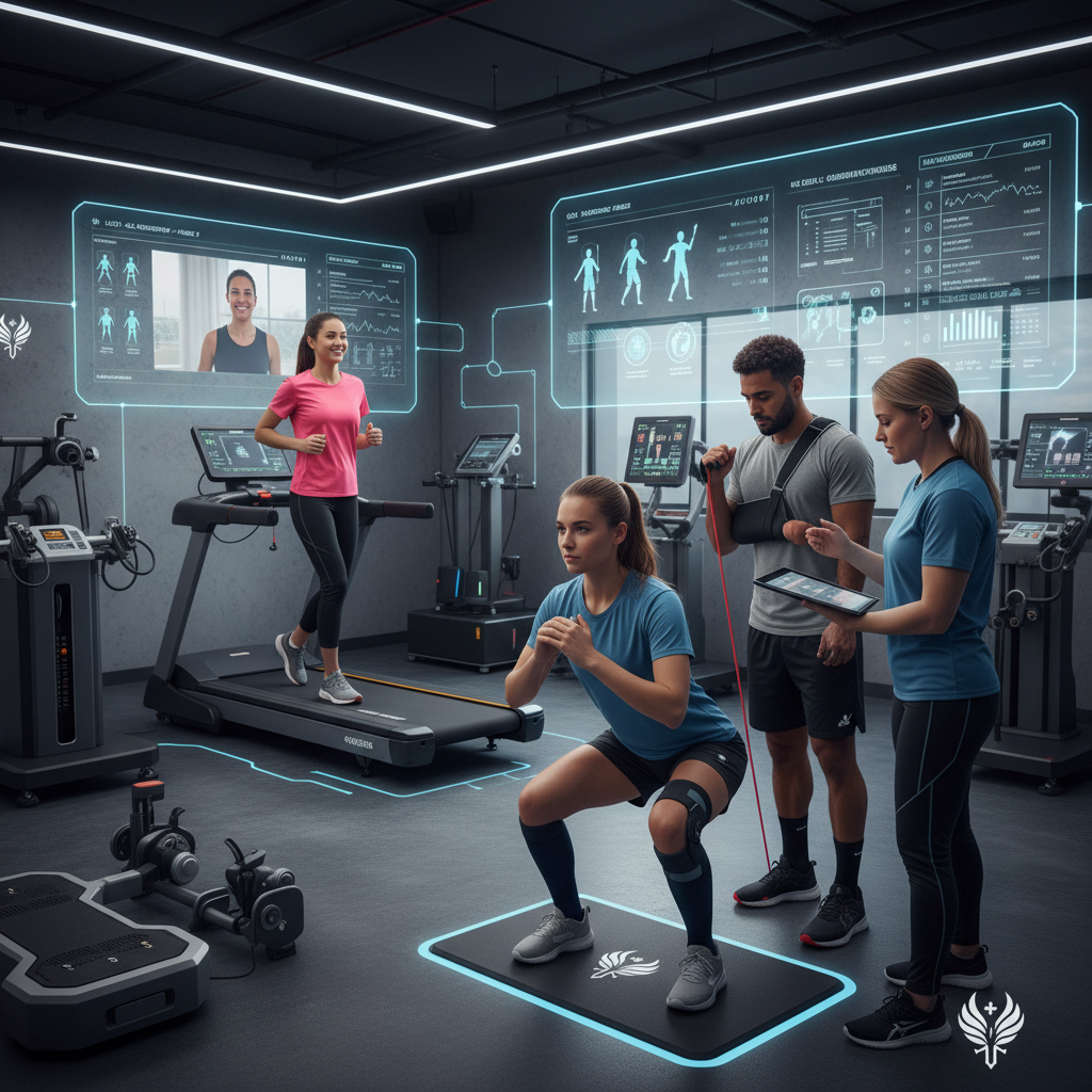 Modern fitness gym with exercise equipment and digital display screens