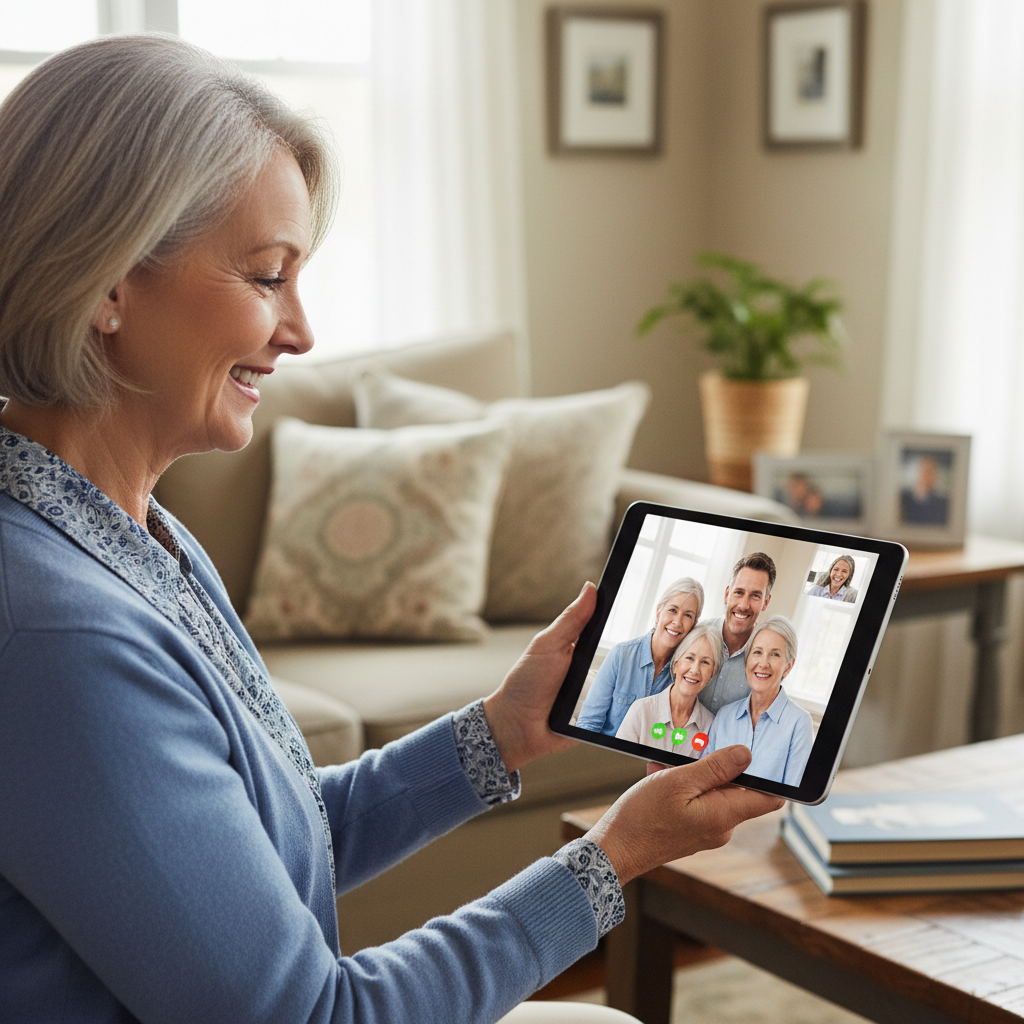 SeniorCare coordinator speaking warmly with a family on a video call