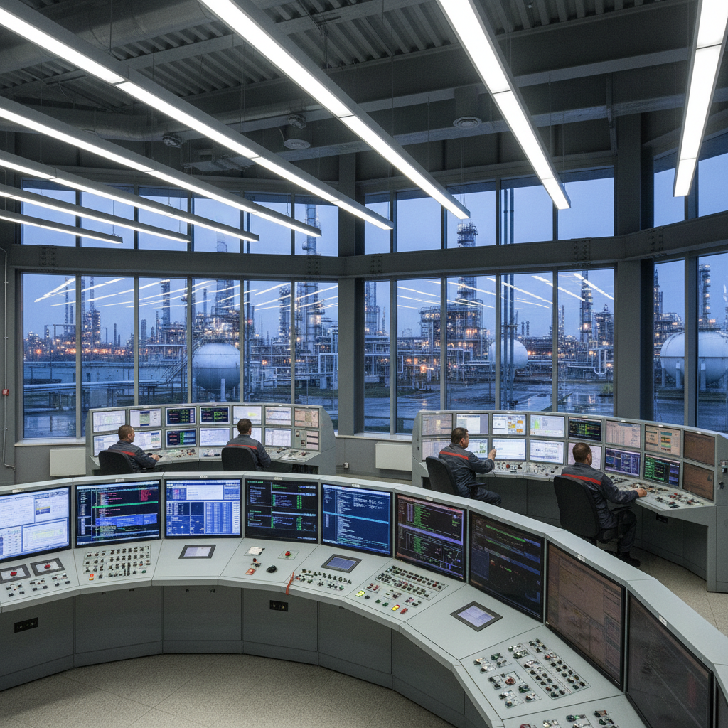 Industrial control room with blast-resistant window assemblies in refinery setting