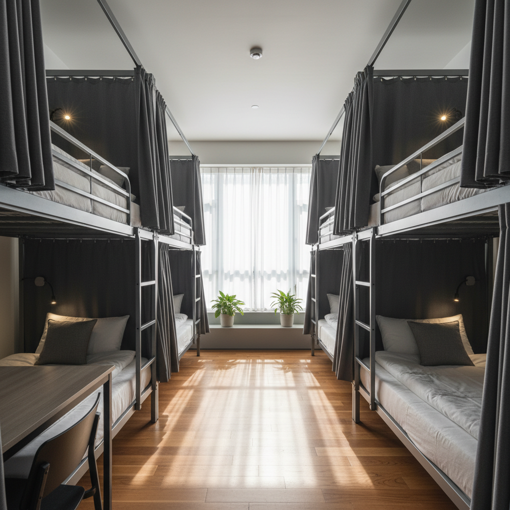 Cozy dormitory with bunk beds, reading lights, and wooden lockers