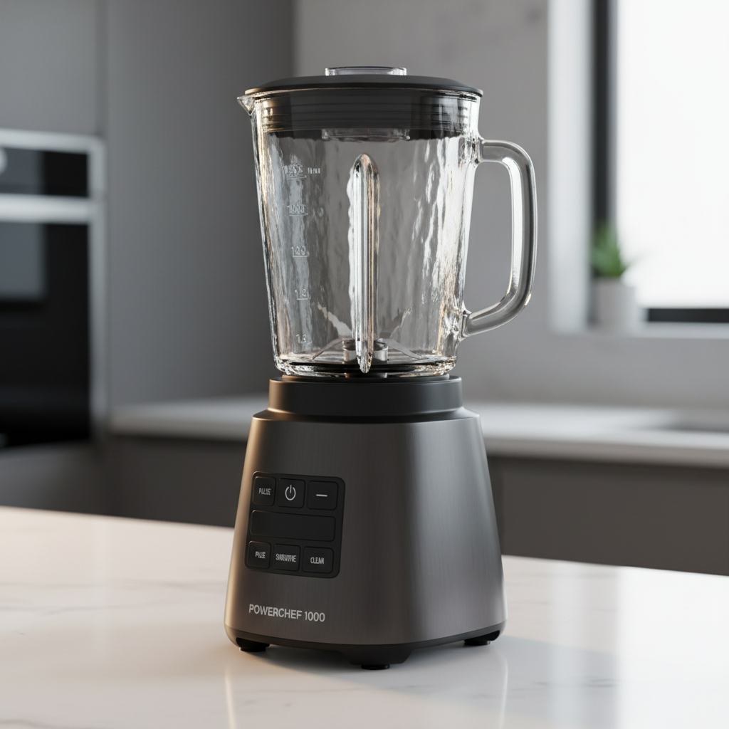 Modern kitchen blender on clean white countertop, stainless steel and glass design