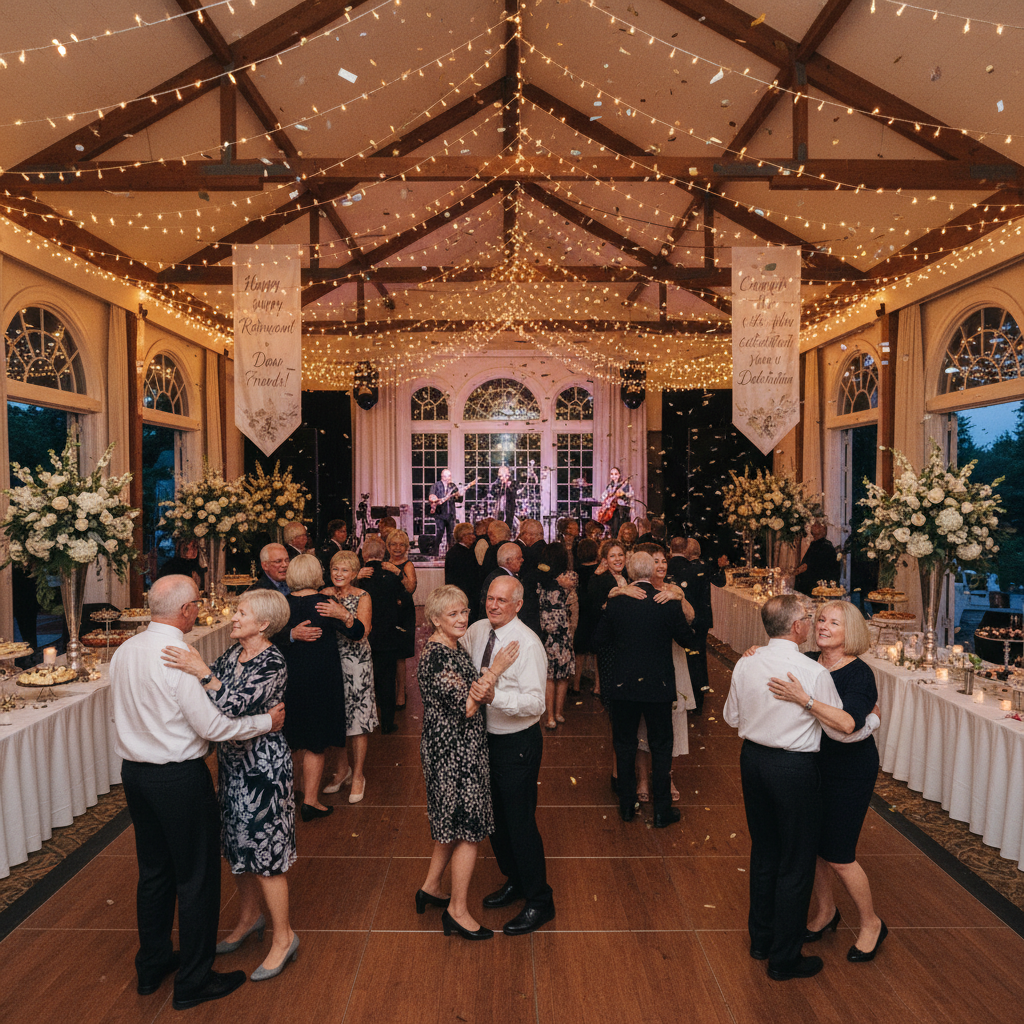 Wide shot of a beautifully decorated retirement event venue mid-celebration, warm string lights overhead, guests dancing and laughing
