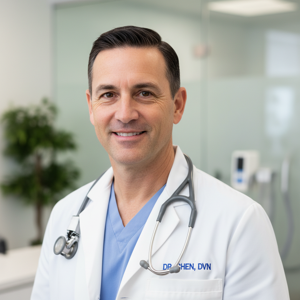 Dr. James Okafor, veterinary neurologist in white coat