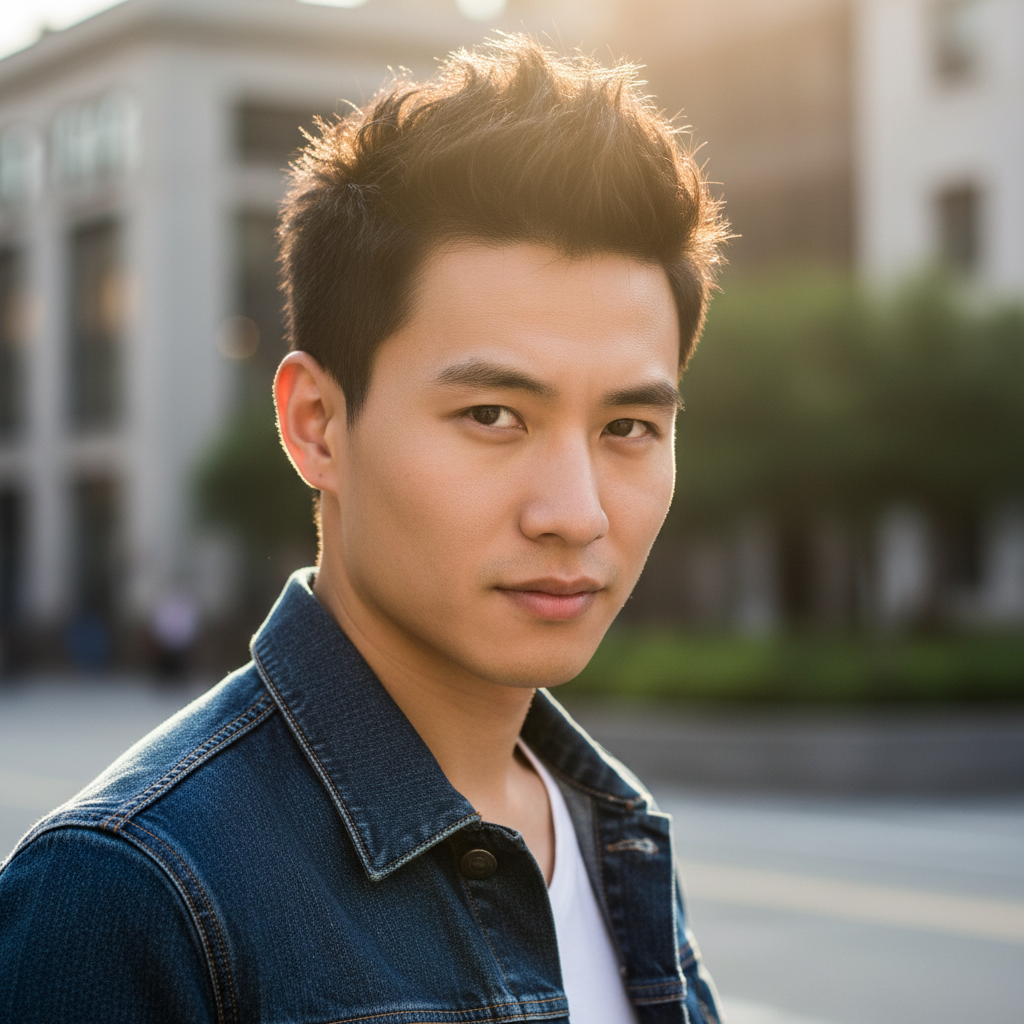 台灣年輕男性，運動型外表，短髮，自然光戶外背景