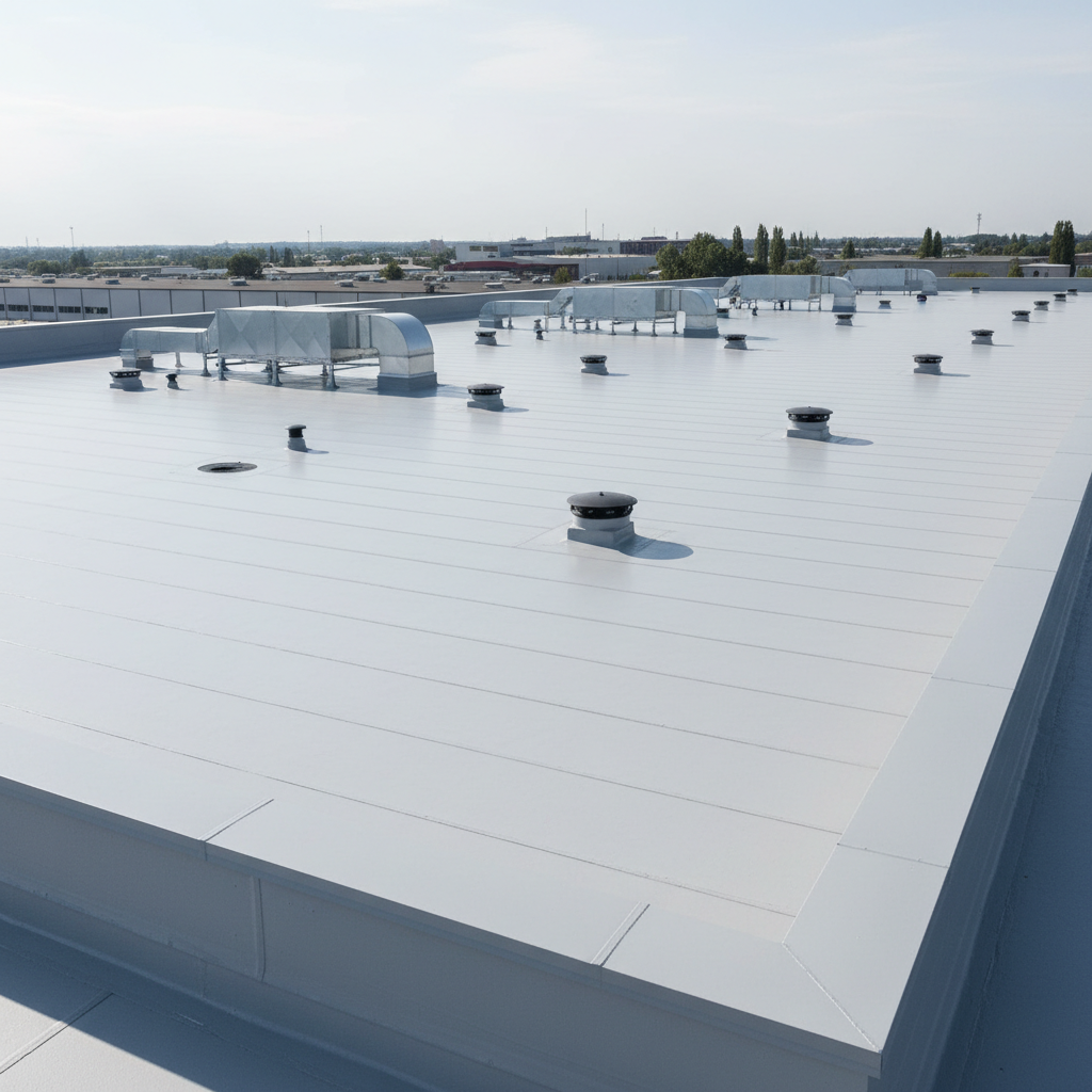 Industrial warehouse roof waterproofing membrane being applied, large scale commercial project