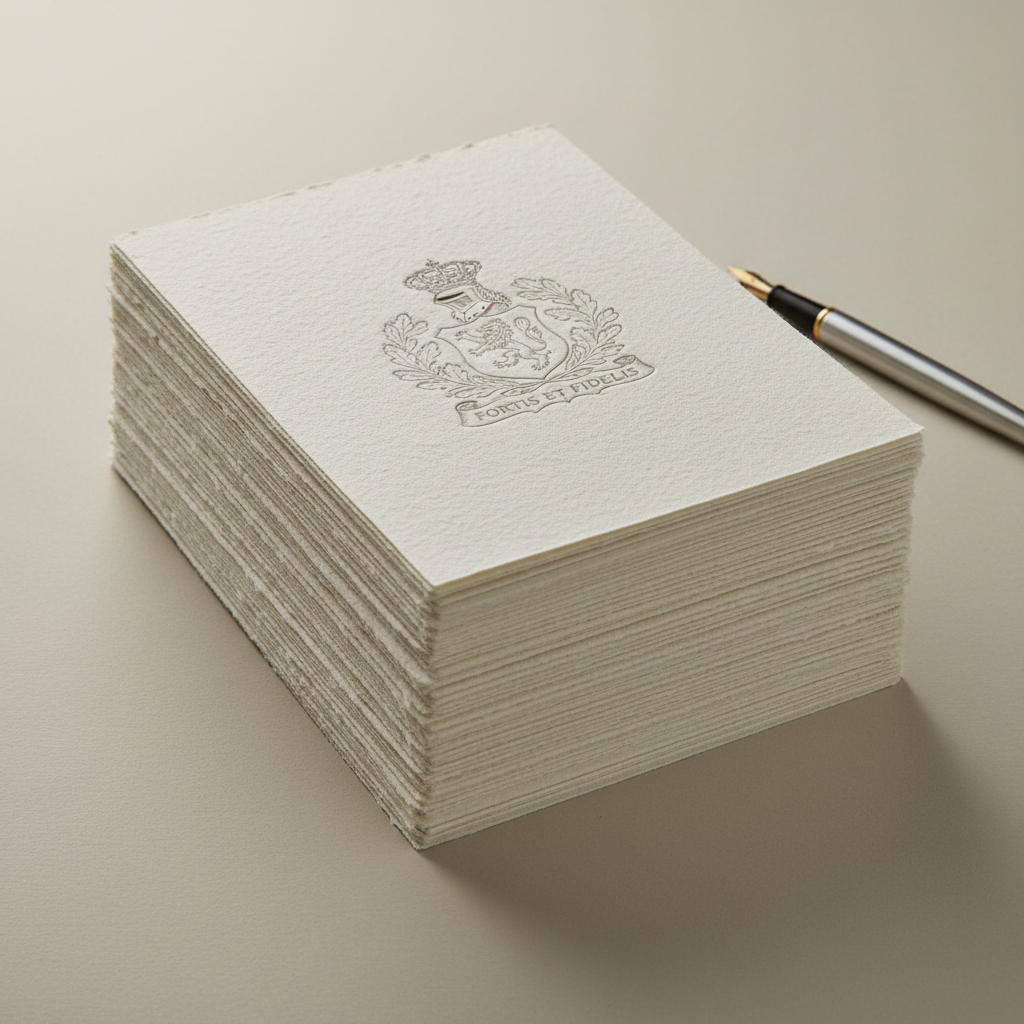 Stack of cream cotton rag stationery with engraved family crest at top, pen resting alongside