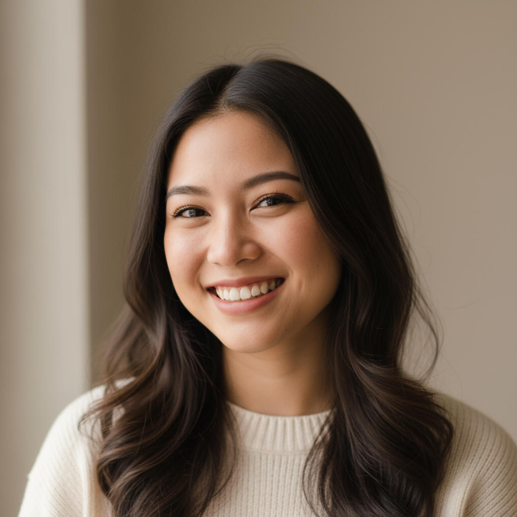 Young Filipina woman with warm smile, professional attire, bright natural light background