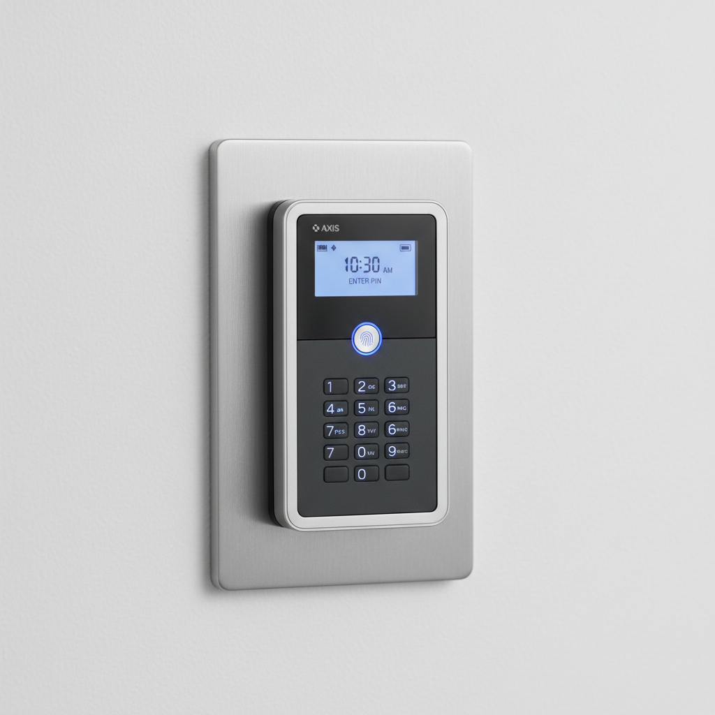 Fingerprint access control reader mounted on door frame, sleek black device, dim corridor background