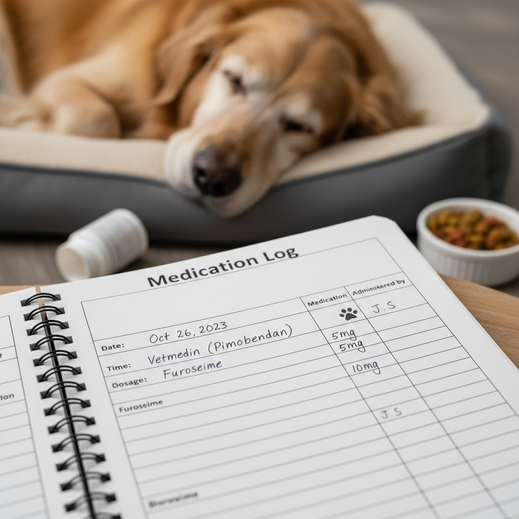 Medication log showing cardiac medication administered to senior dog at noon