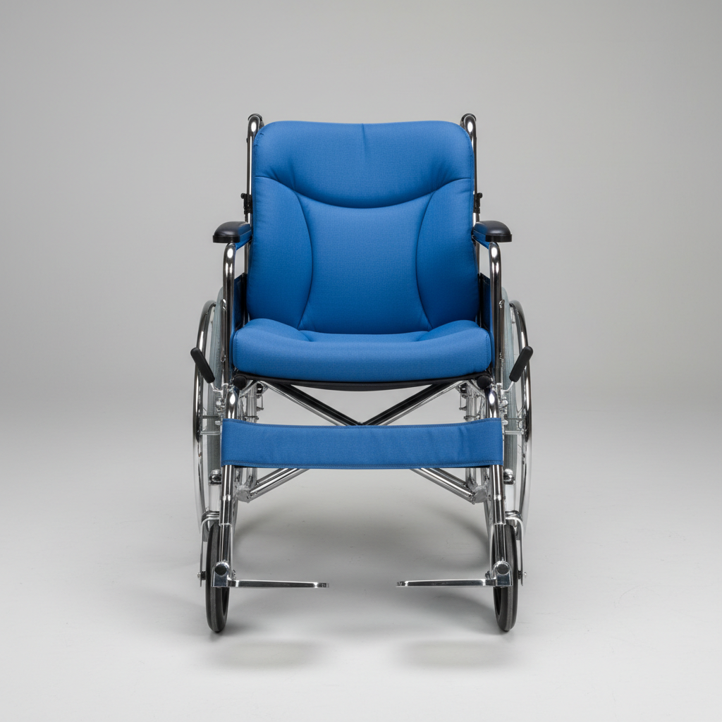Soft blue contoured wheelchair cushion on light background
