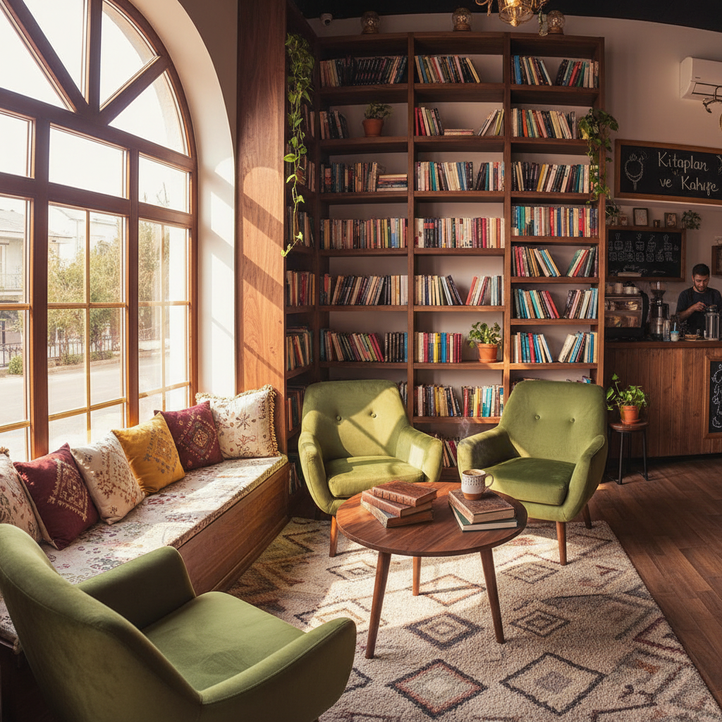 Cozy mountain café with warm wooden interior, coffee cups and books, window showing green valley