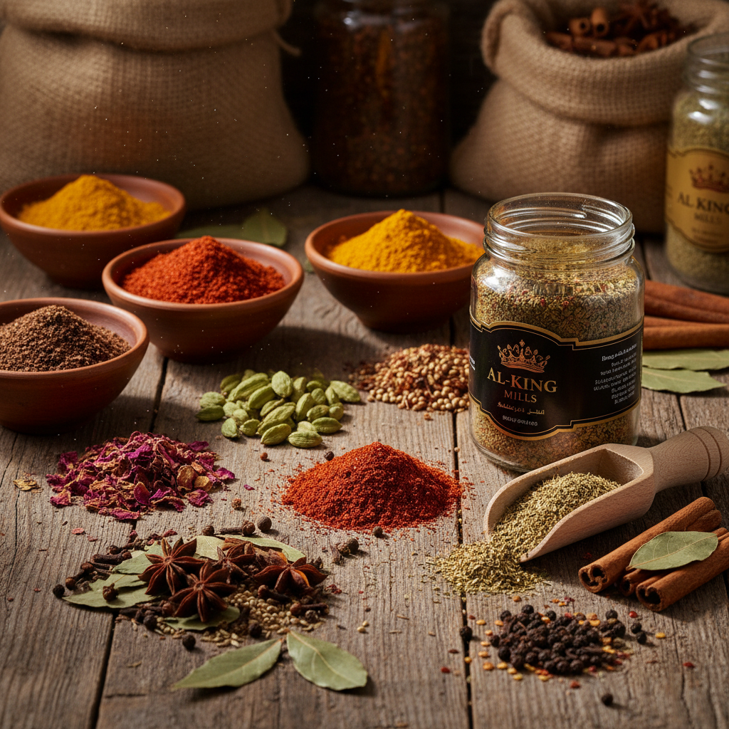 Vibrant golden and red spices arranged in wooden bowls under warm bright lighting