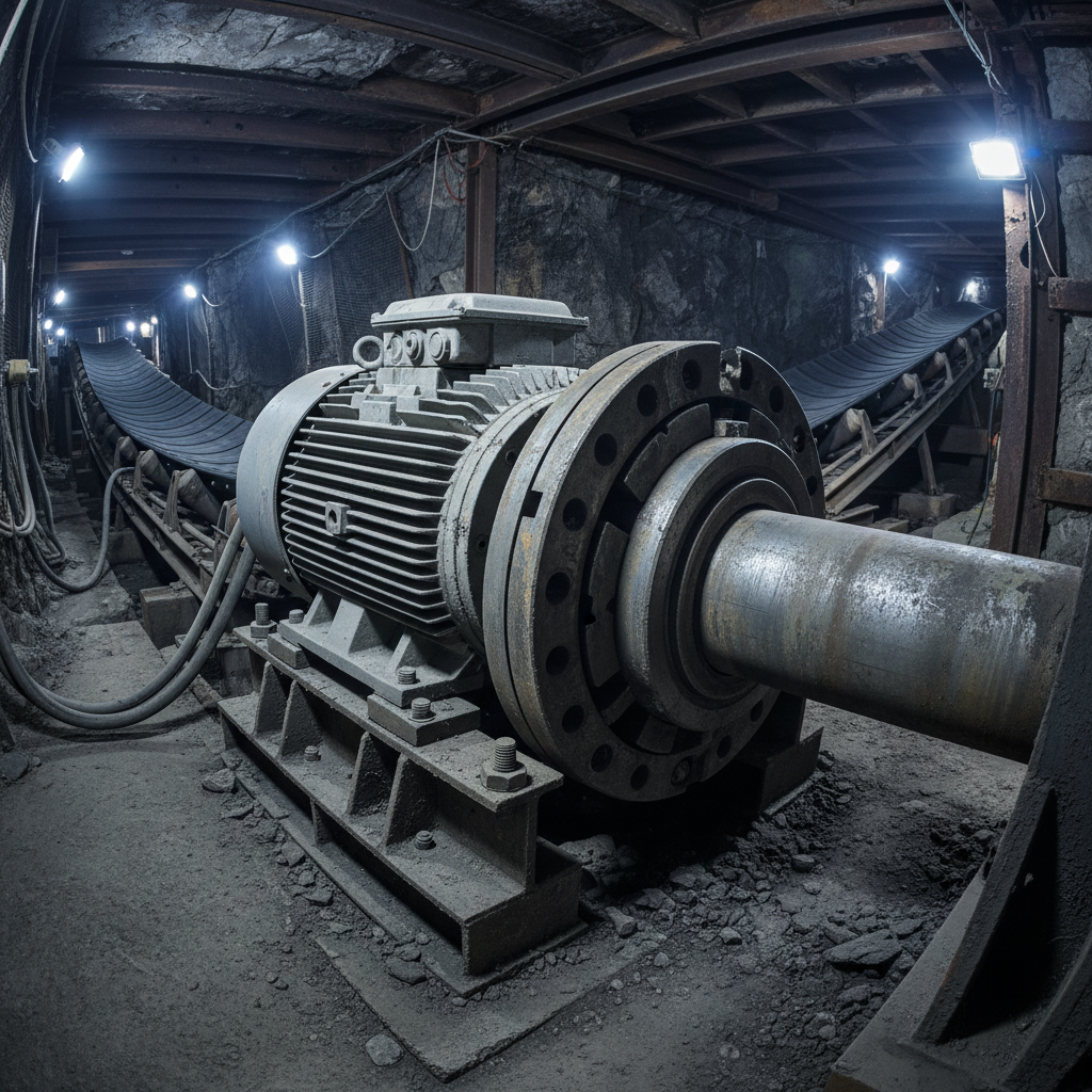 Electric motor bolted to mining conveyor drive shaft in underground tunnel