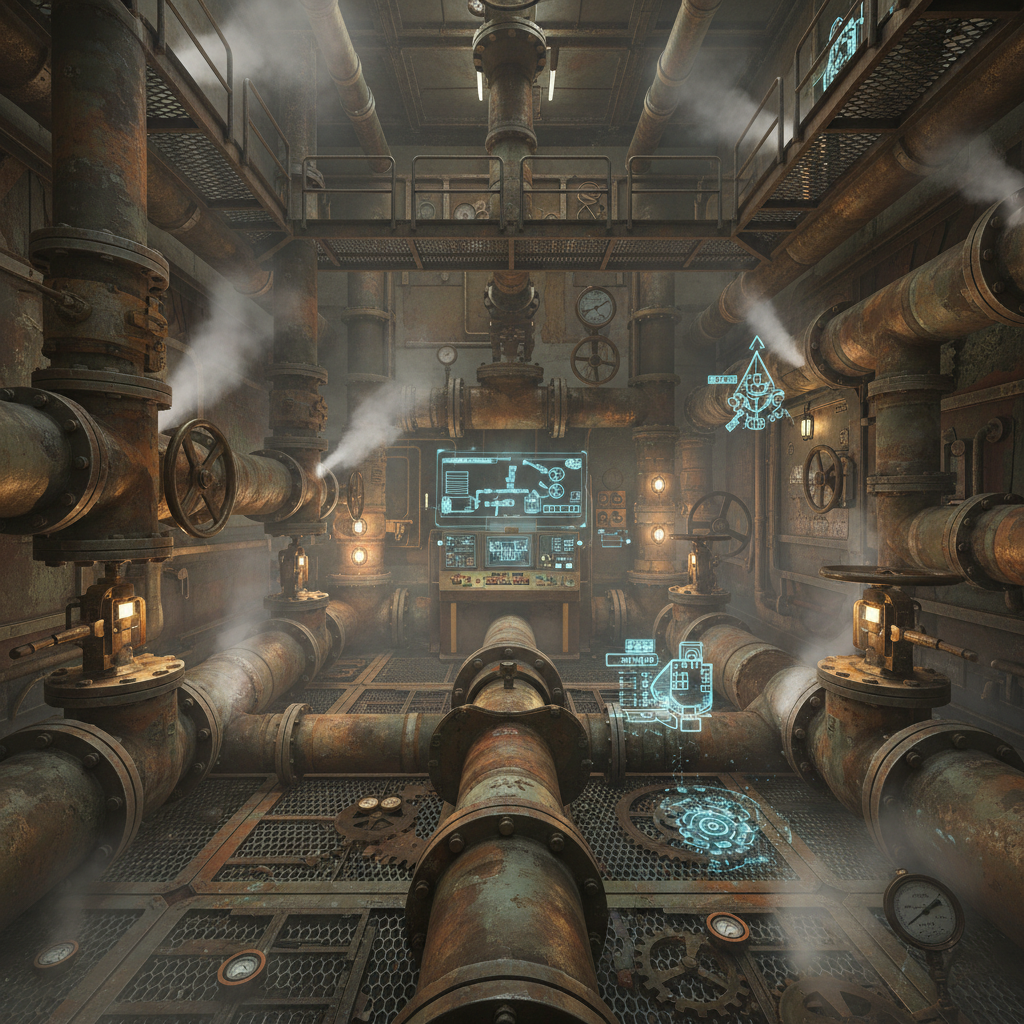 Industrial puzzle game environment with pipes, valves, and atmospheric steam effects