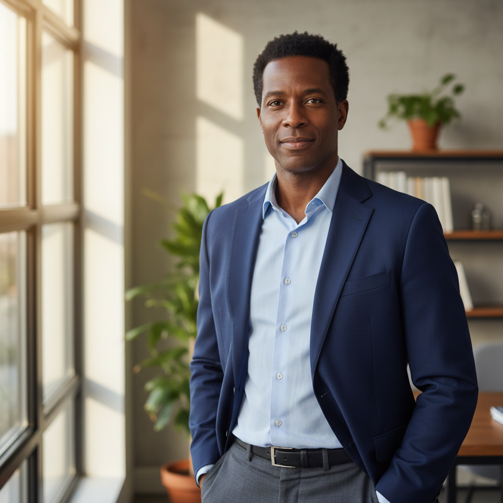 Derek Osei, Black man in his 40s, professional-casual look, confident expression