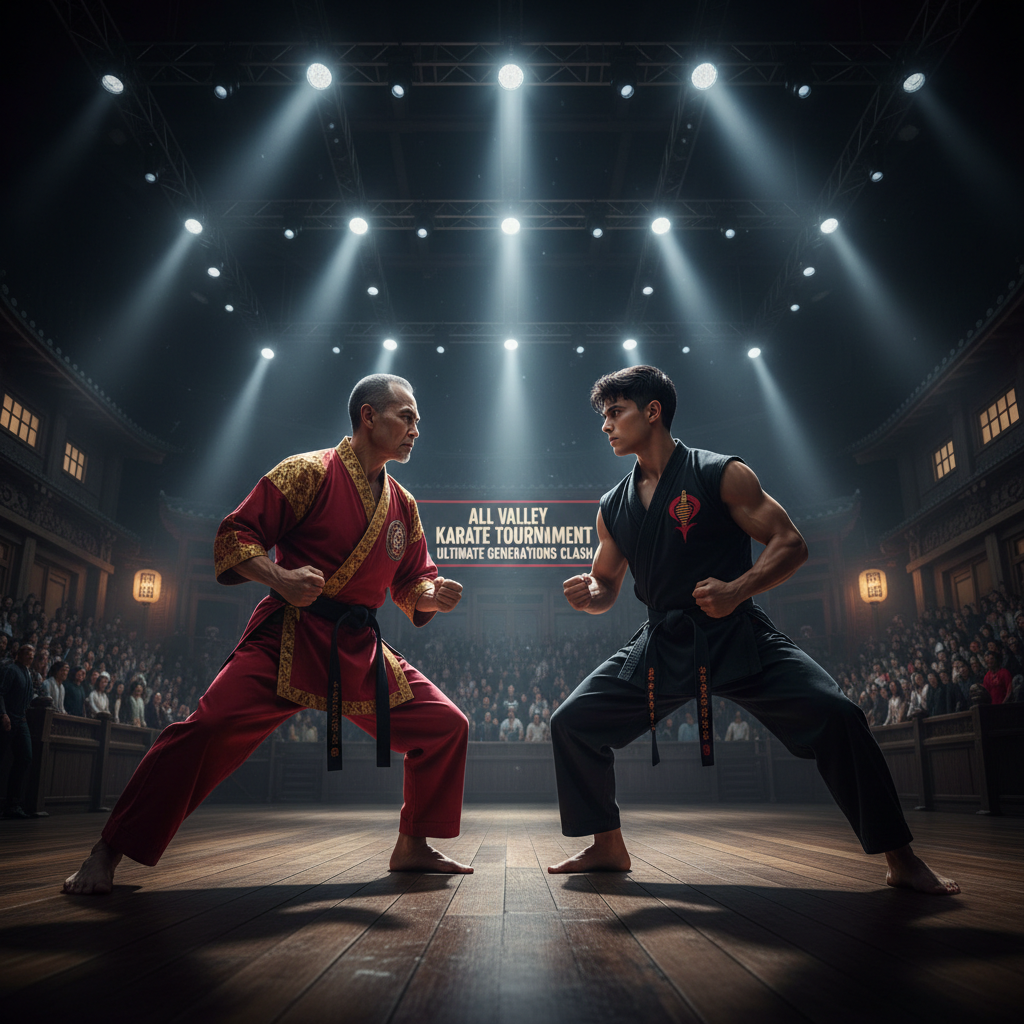 Competitive karate fighters in bright tournament setting