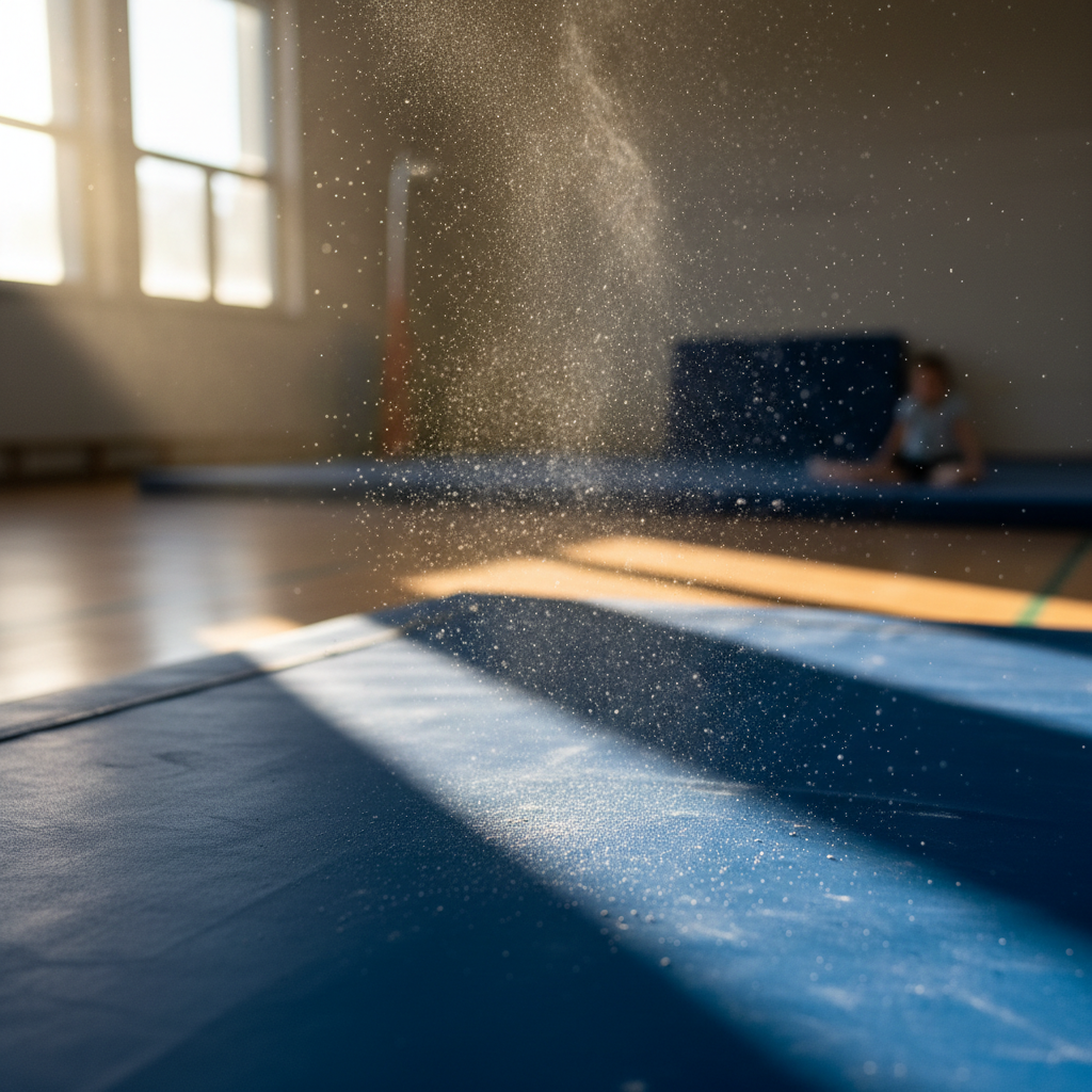 Chalk dust caught in a sunbeam over blue gymnastics mat