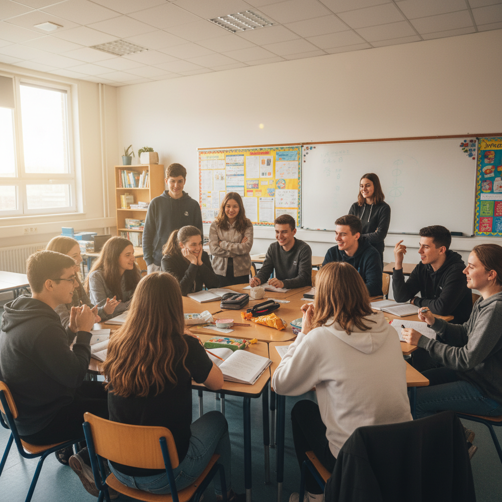 Group of diverse students smiling and celebrating in a bright learning space